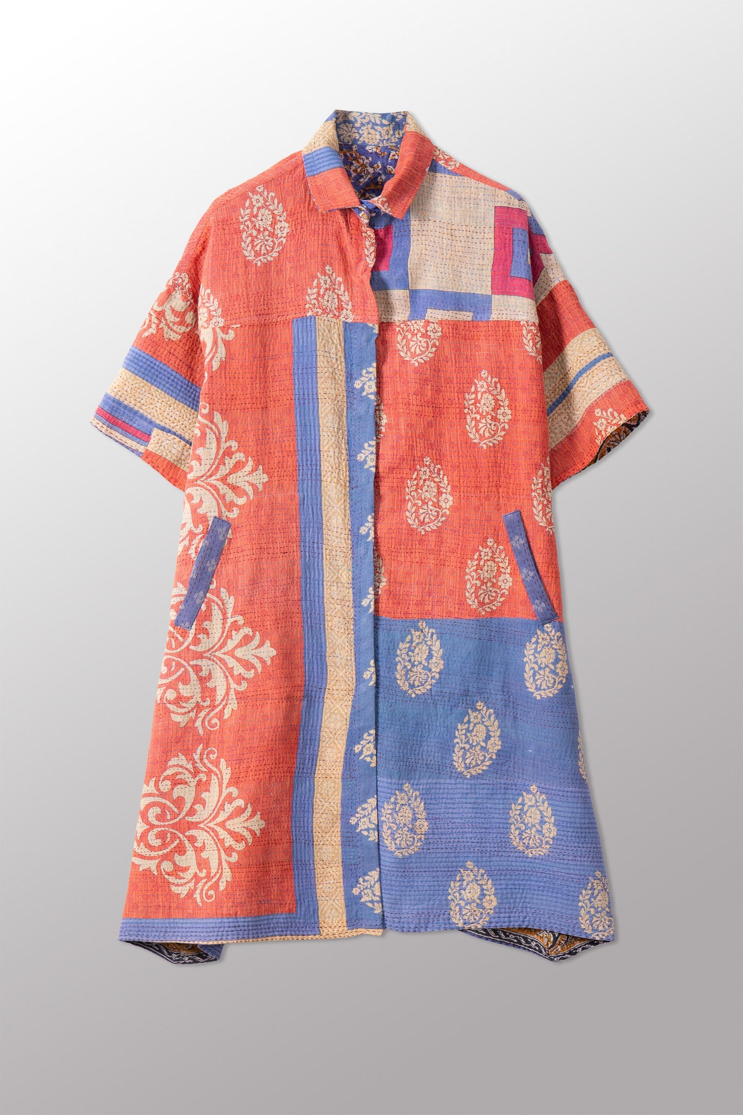 VINTAGE COTTON KANTHA HALF SLV. SHIRT DRESS - cv2429-0025a -
