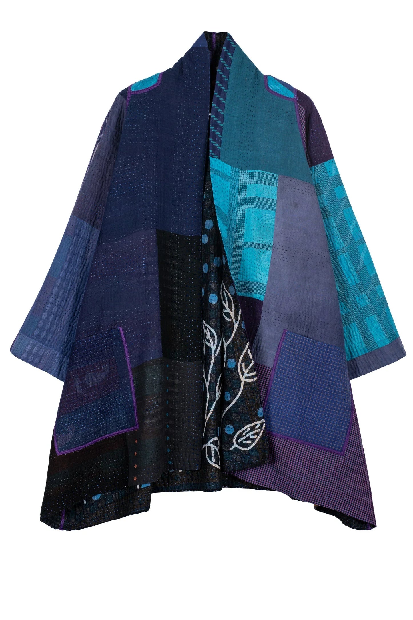 POLKA DOTS & LEAVES KANTHA A-LINE JACKET - dl4003-blu -
