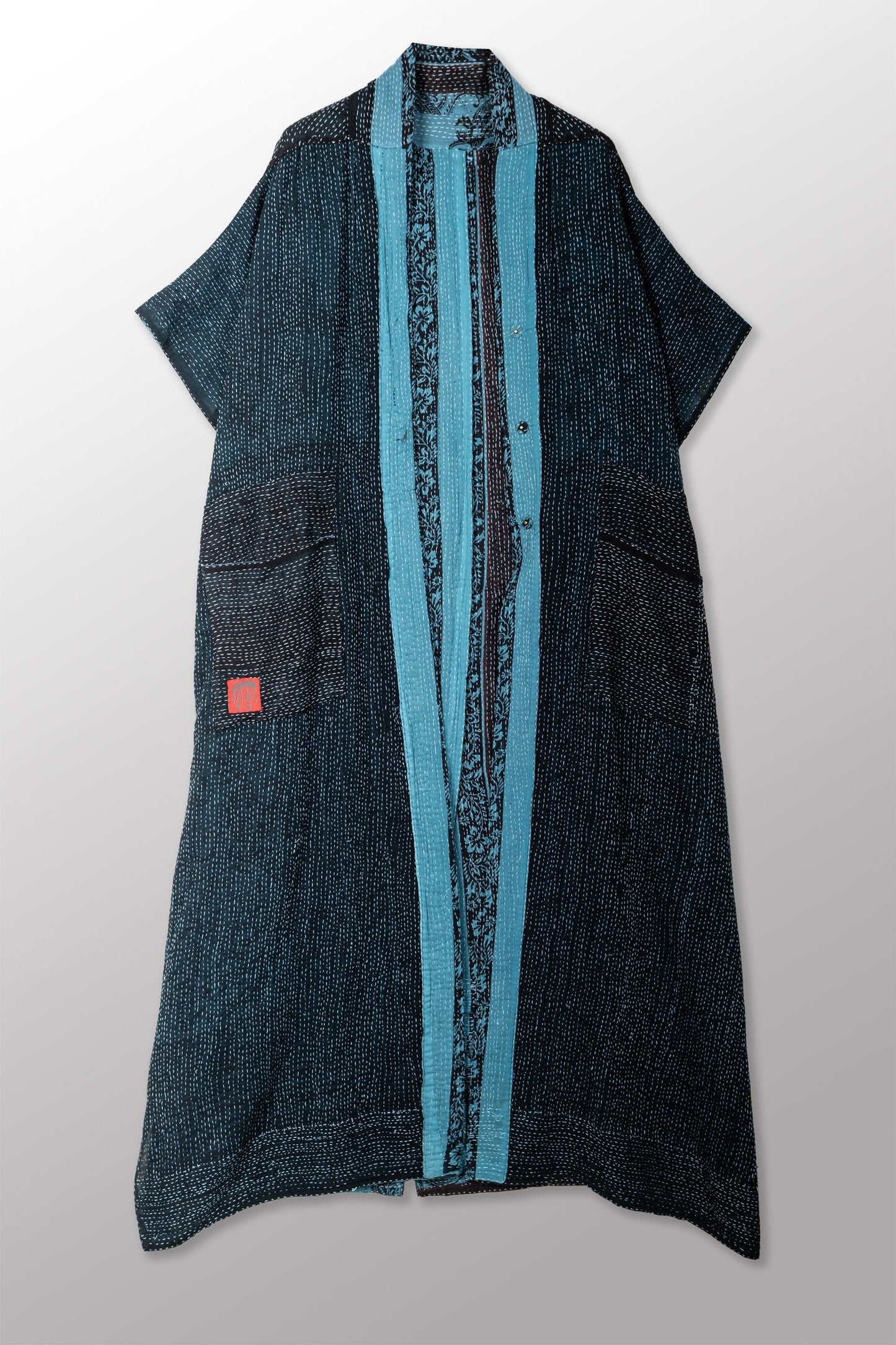 OVERDYED COTTON PAISLEY KANTHA PONCHO DRESS - ov-cp2443-blu -