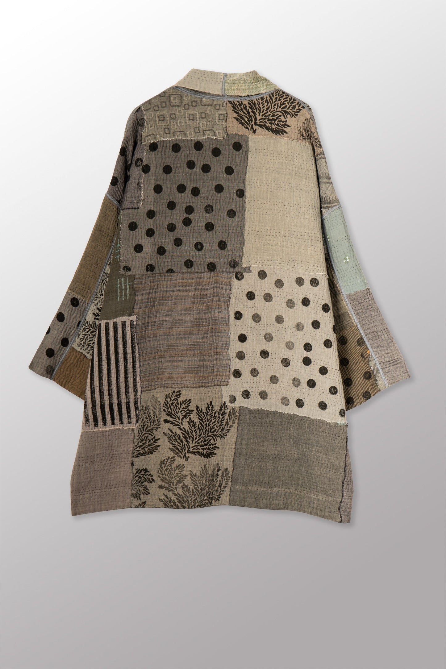 FRAYED PATCH KANTHA WITH STAMP HAORI JACKET - sp-fi4068-gry -