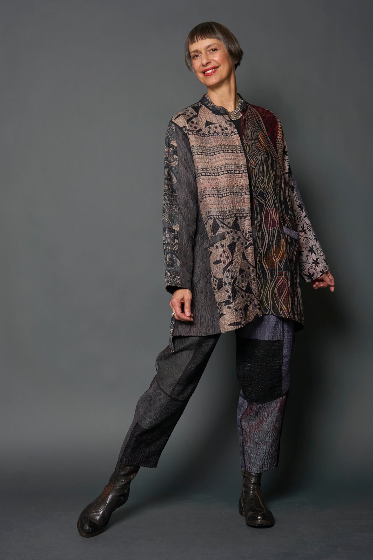 JACQUARD SILK KANTHA KAFTAN JACKET MEDIUM - js4089-blk -