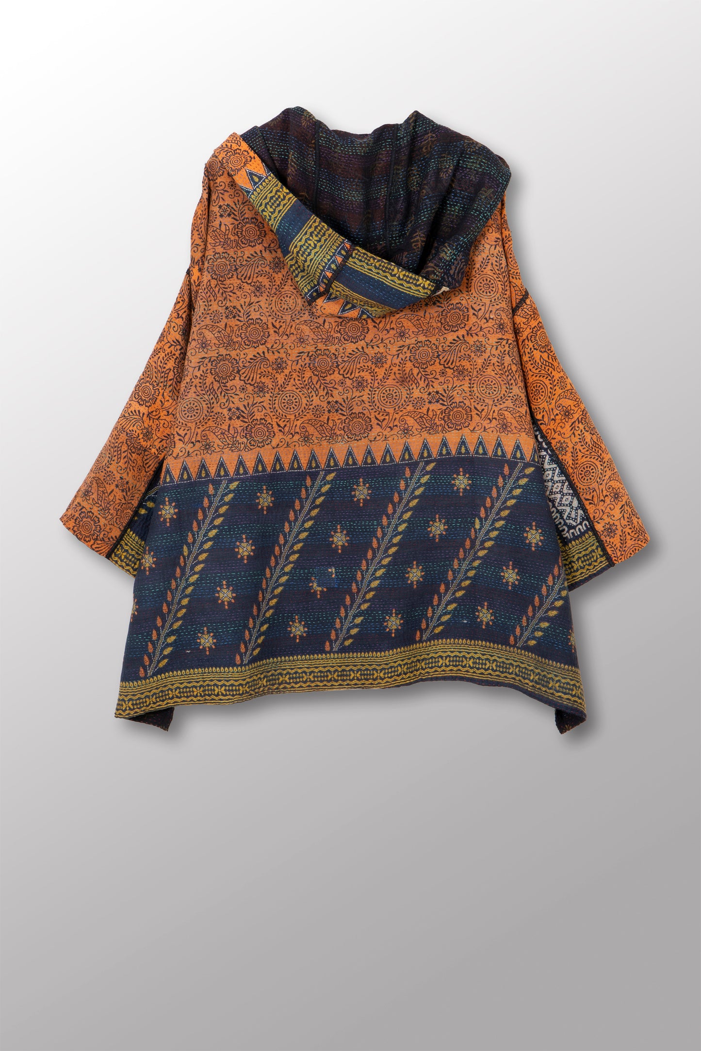 VINTAGE SILK GEORGETTE COTTON KANTHA HOODIE PONCHO - gc2064-0001a -