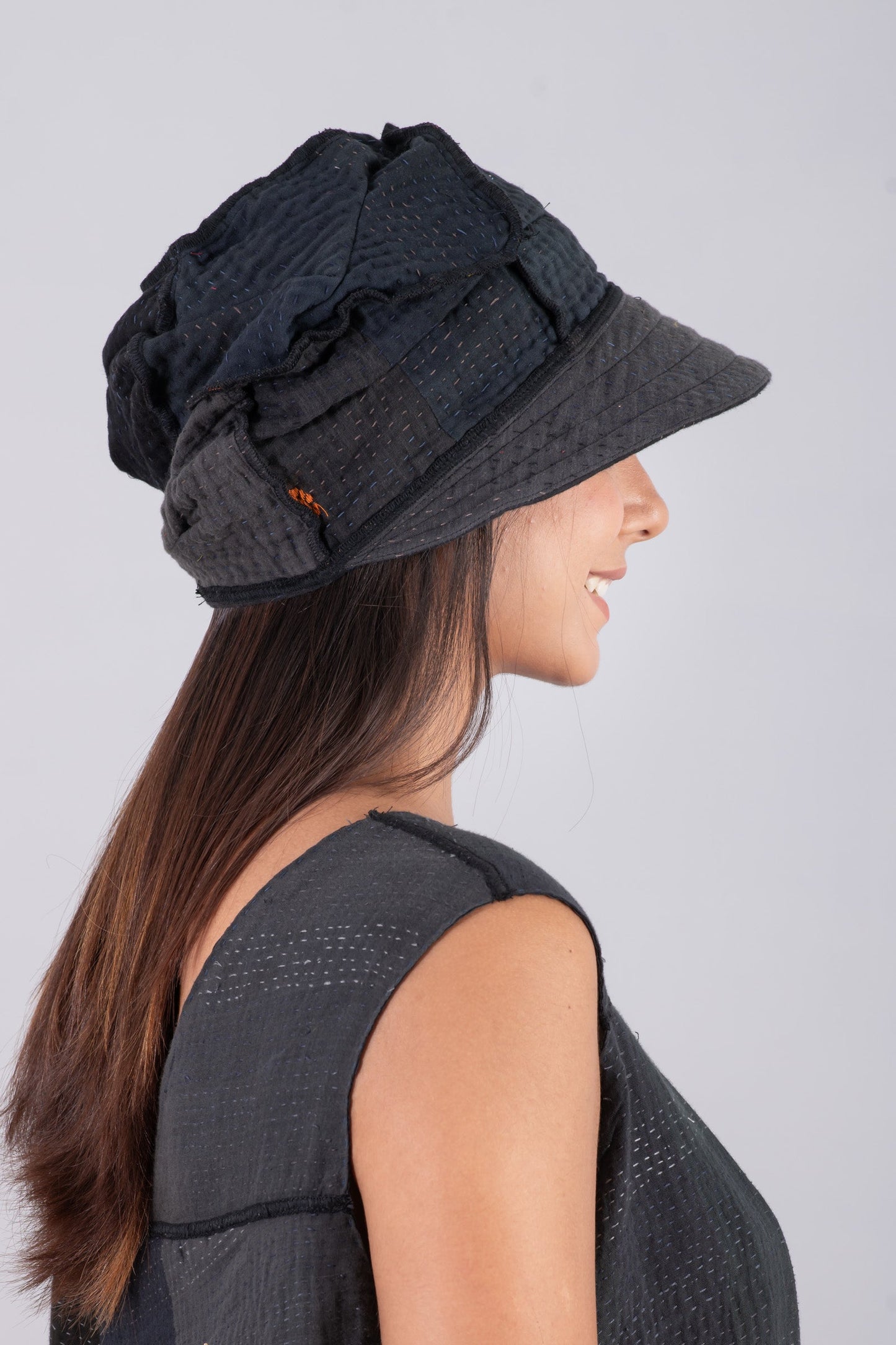 FRAYED PATCH KANTHA HALF BRIM HAT - fi4881-blk -