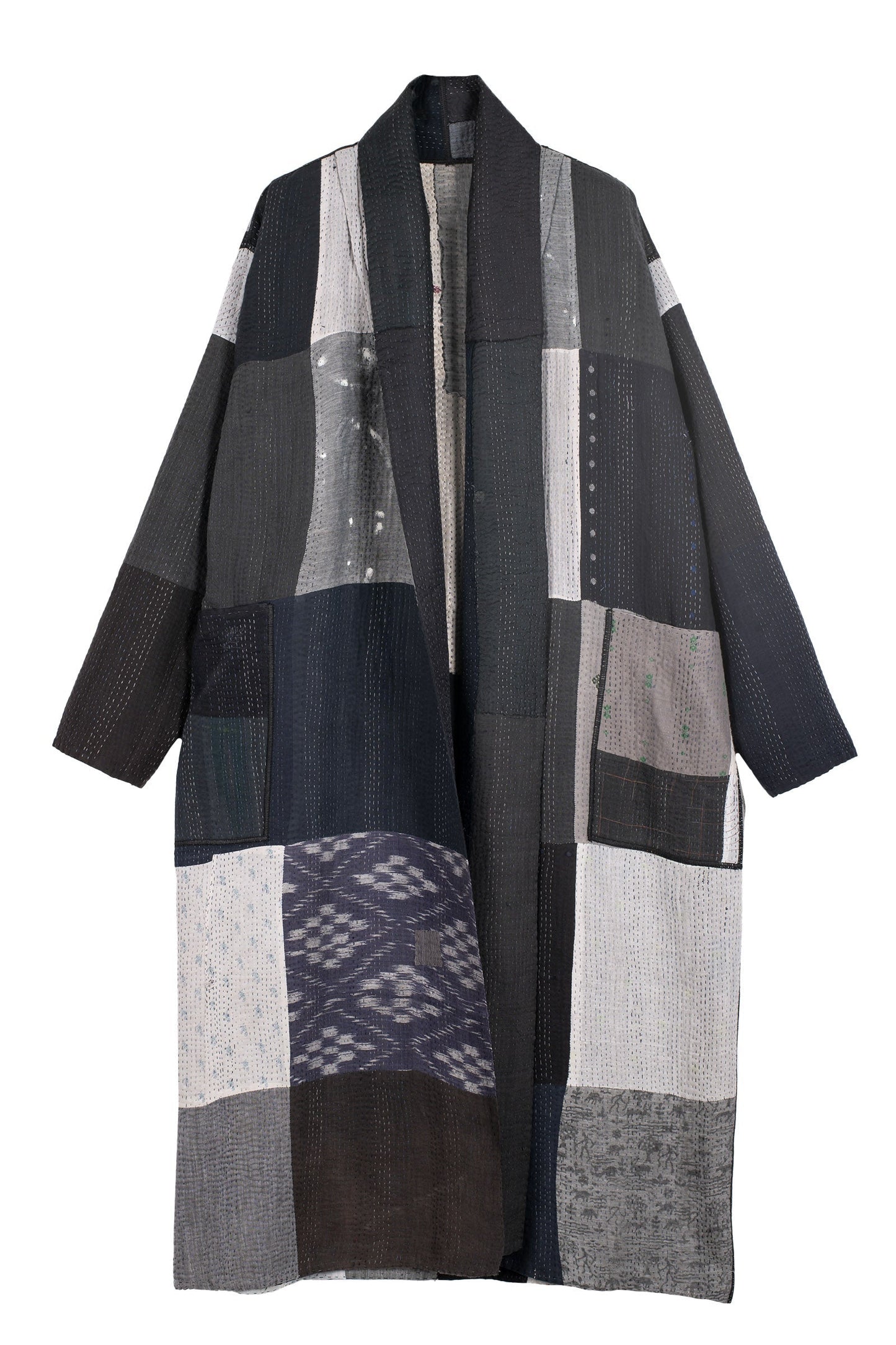 STRIPE AND CHECK COTTON SILK PATCH KANTHA ROBE COAT - ss4329-blk -
