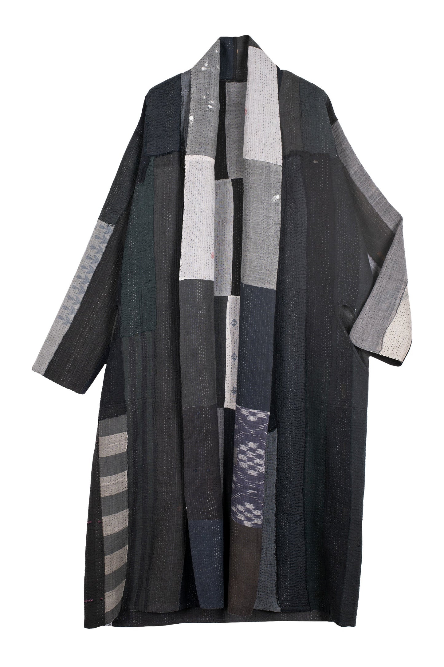 STRIPE AND CHECK COTTON SILK PATCH KANTHA ROBE COAT - ss4329-blk -