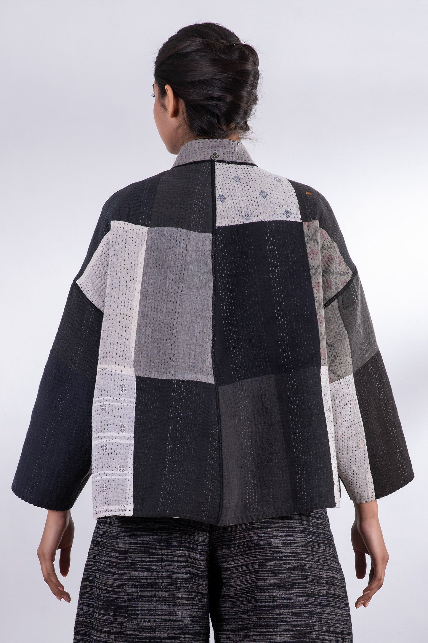 STRIPE AND CHECK COTTON SILK PATCH KANTHA STAND COLLAR CROPPED JACKET - ss4034-blk -