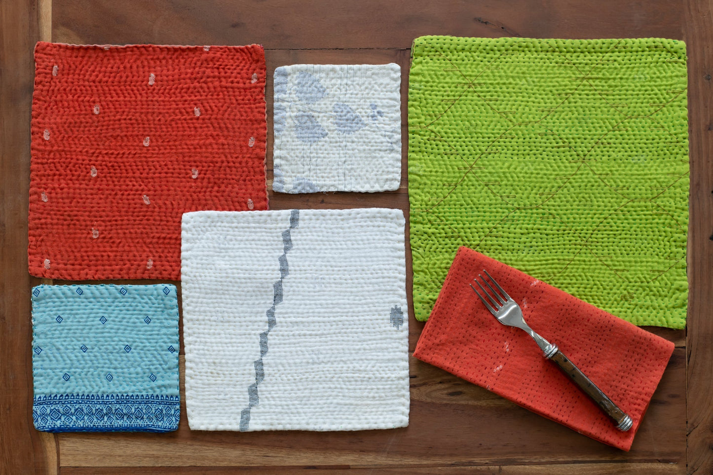 Mosaic Fray Handmade vintage Kantha Coaster - Carrot (Set of 2)