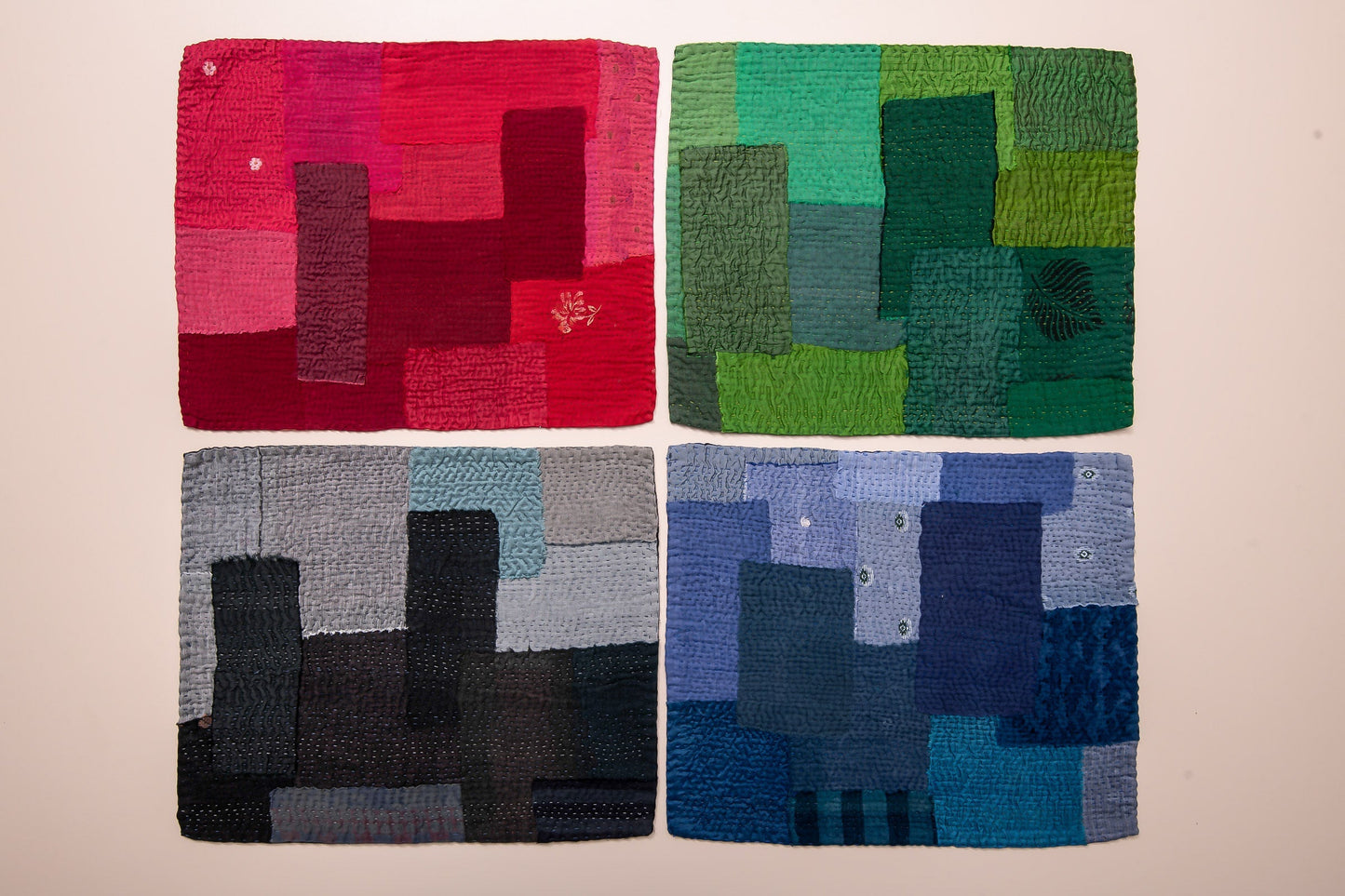 Landscape Fray Patch vintage Kantha Placemat - Green (set of 2)