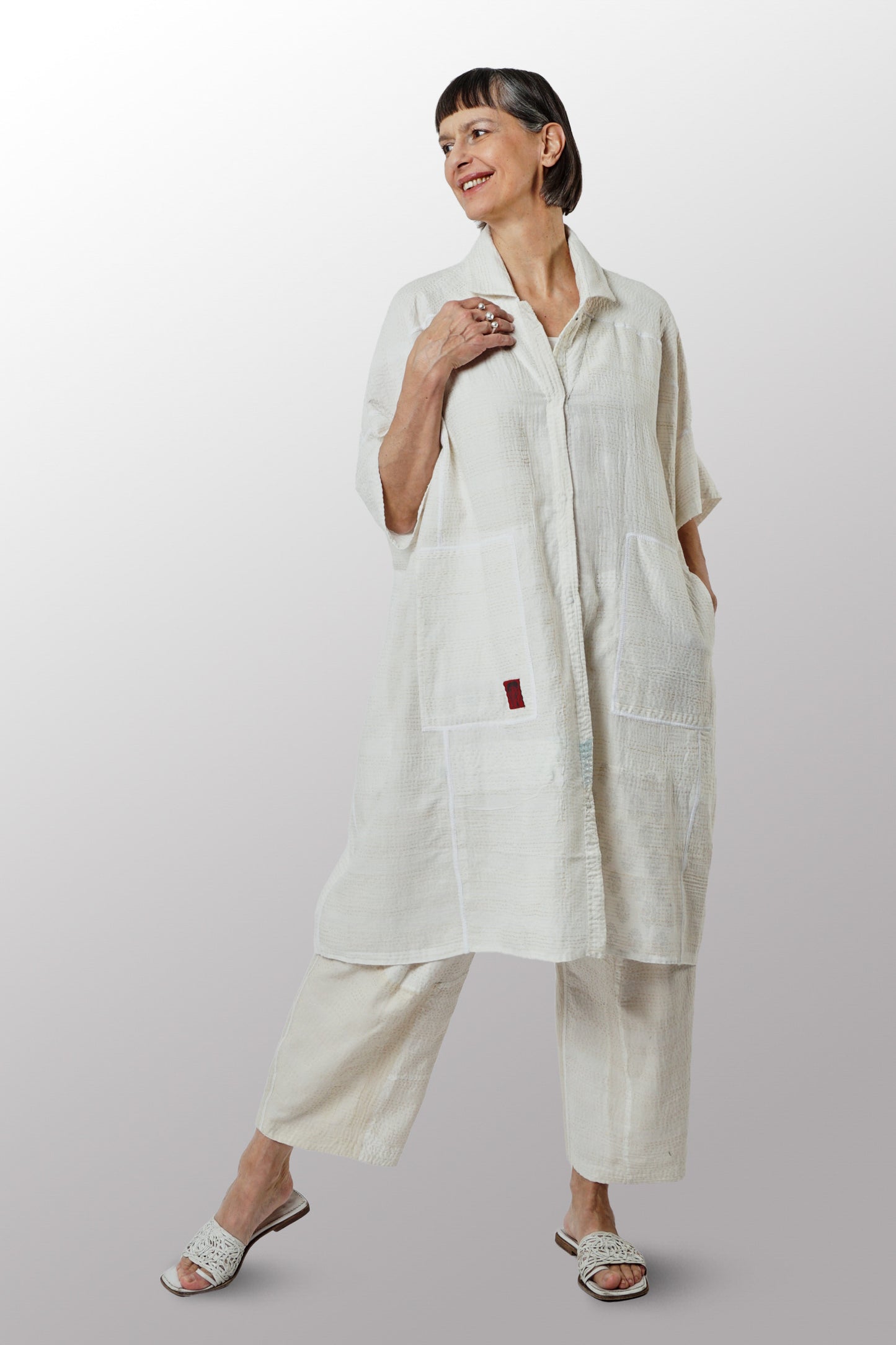 FRAYED PATCH KANTHA WIDE SHIRT DRESS - fi2448-ivy -