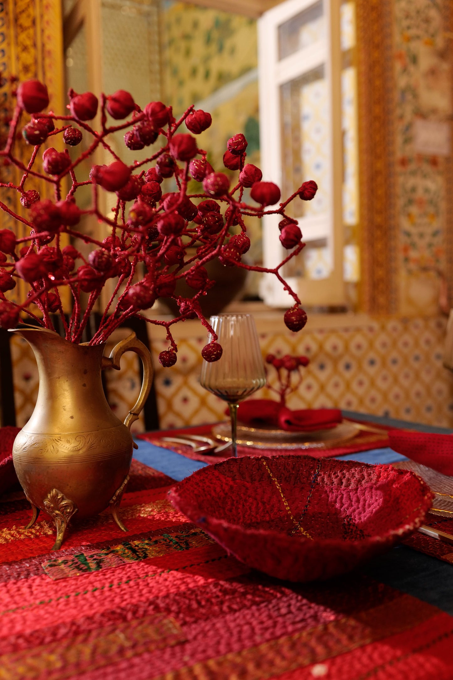 Handcrafted Kantha Rose Bowls (metallic kantha) - Shallow Bowl - Red