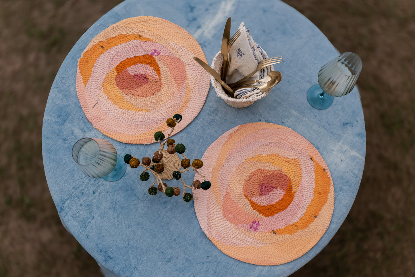 Rose fray Patch hand made kantha Peach Blush Rose Placemat (Set of 2)