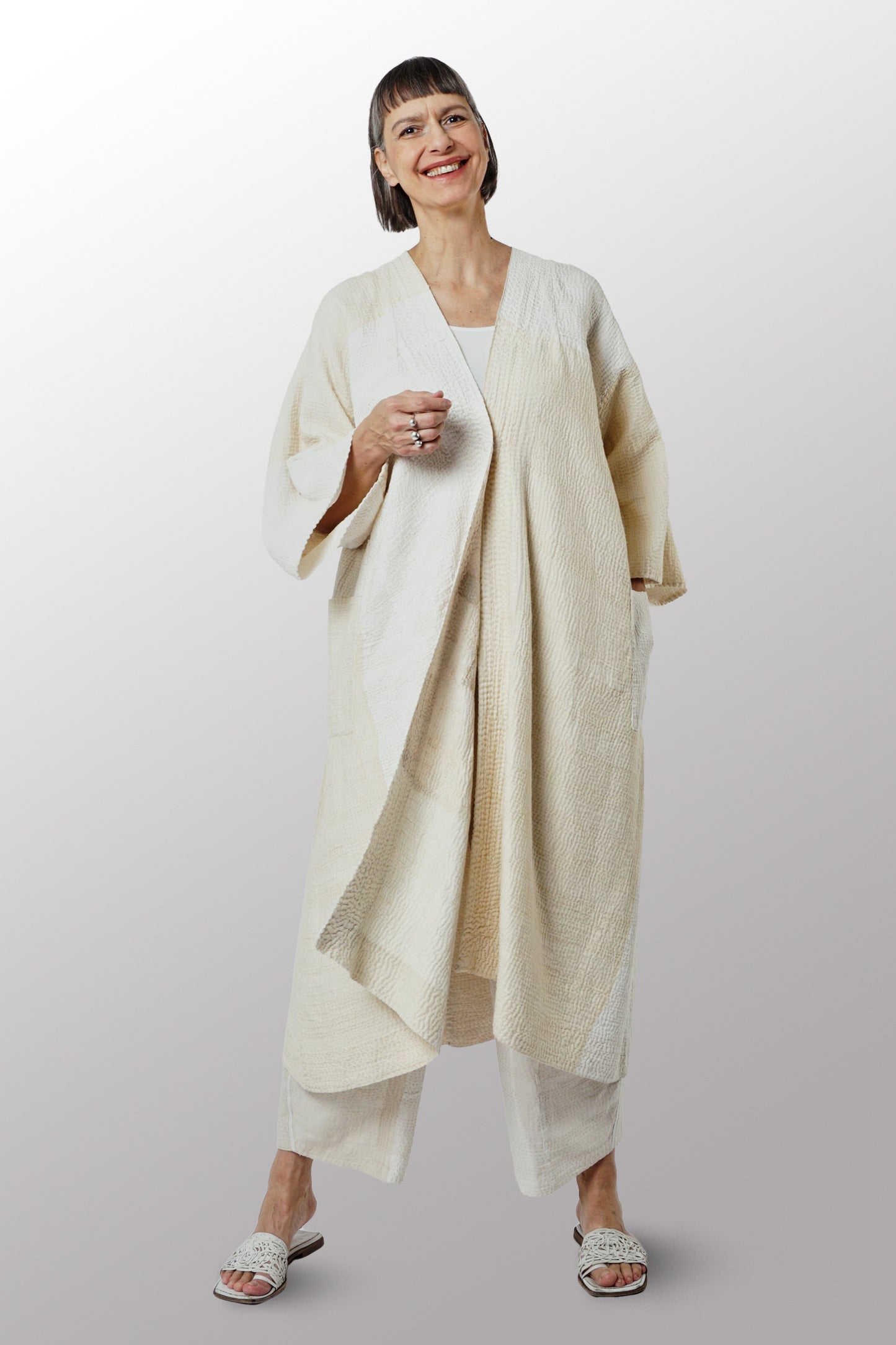 JAIPUR WHITE KANTHA KIMONO MAXI - jw4318-ivy -
