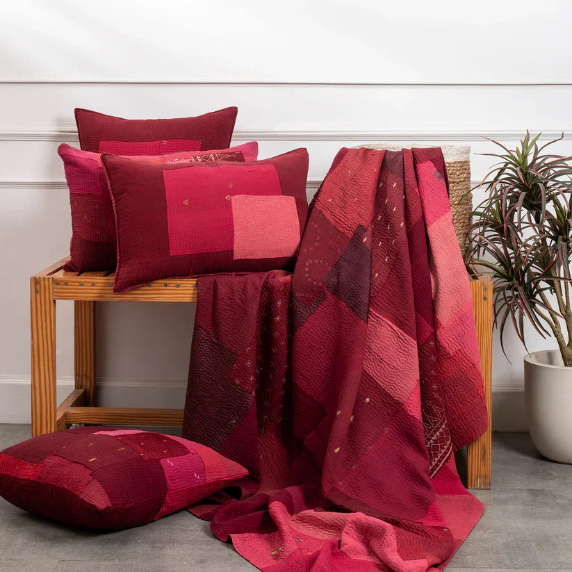 Landscape Fray Patch Handmade vintage Kantha Quilt - Red