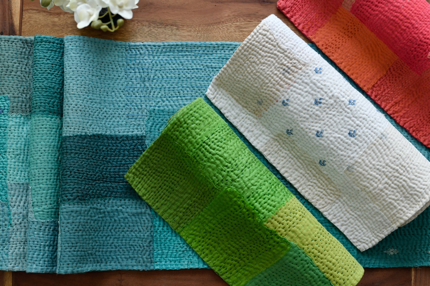 Mosaic Fray Patch vintage Kantha Runner - Cauliflower