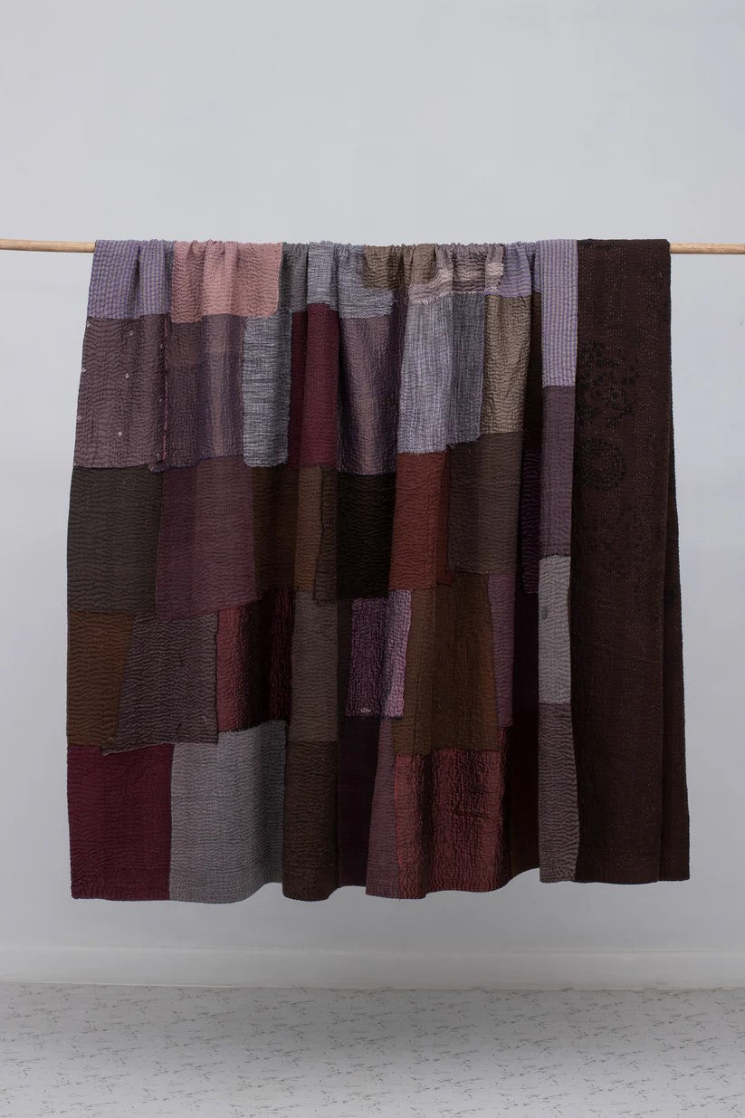 Vintage Fray Patch & Ombre Kantha quilt -Chocolate -
