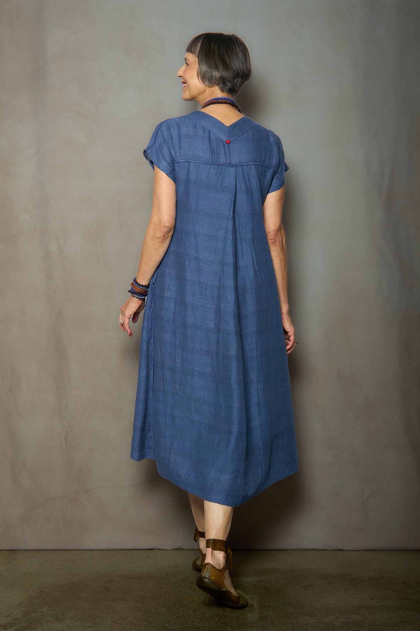 CLOUD TIE DYE FLORAL KANTHA V-NECK FRENCH SLV. DRESS - uf2467-blu -
