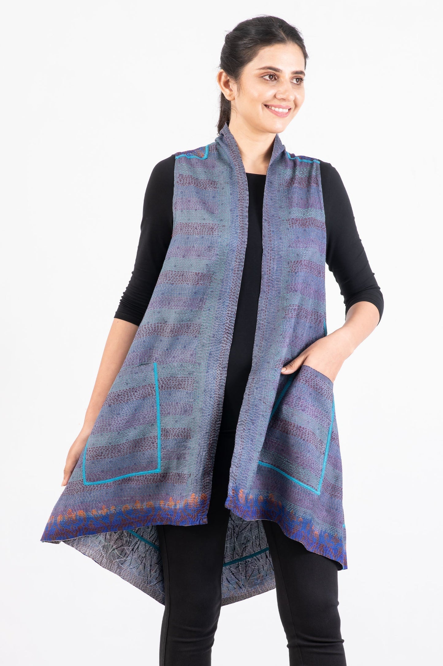 VINTAGE SILK GEORGETTE KANTHA A-LINE VEST - sg2203-0003a -