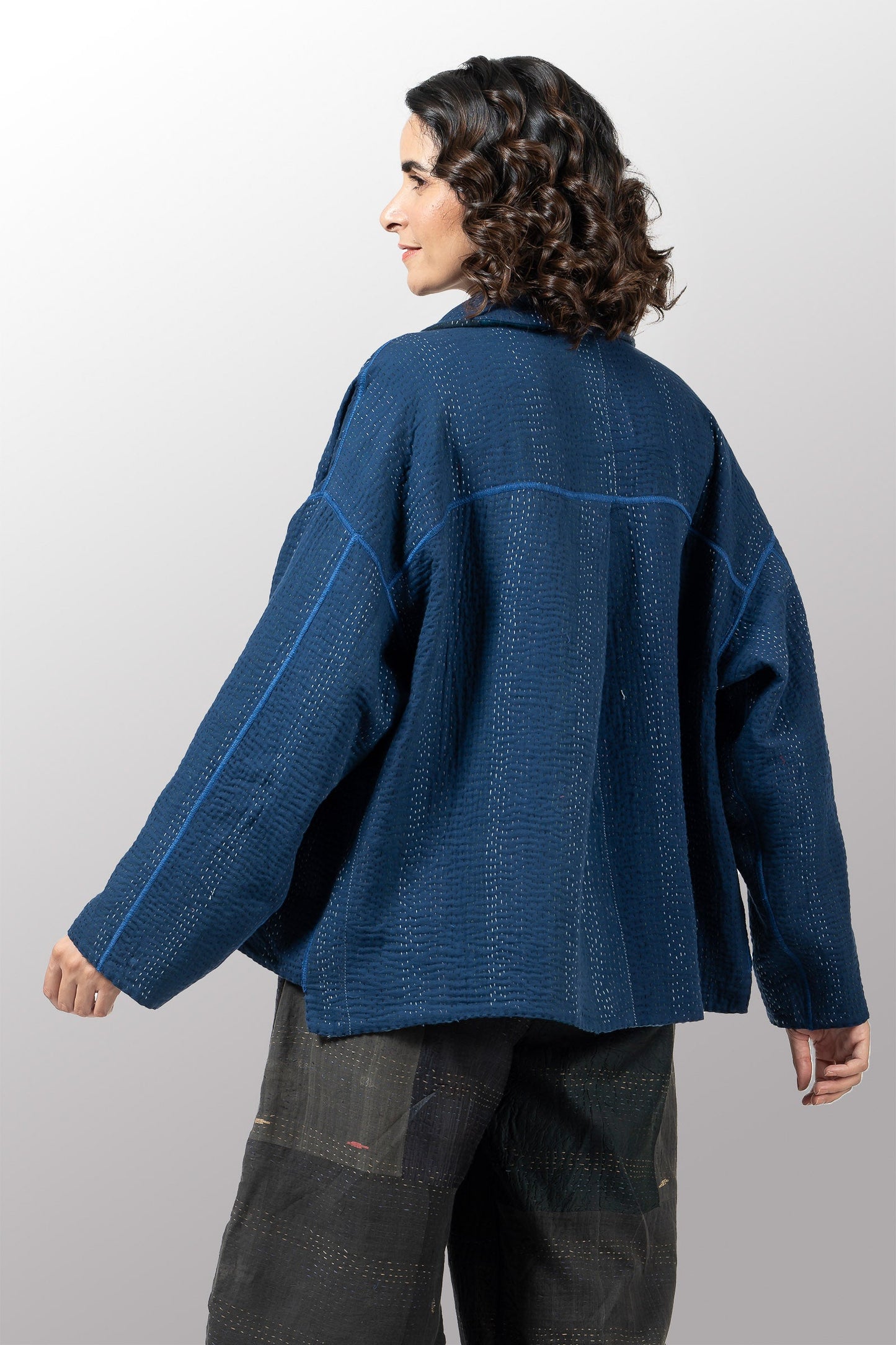 COTTON STRIPE PATCH KANTHA CROPPED SHIRT JACKET - cs4075-nvy -