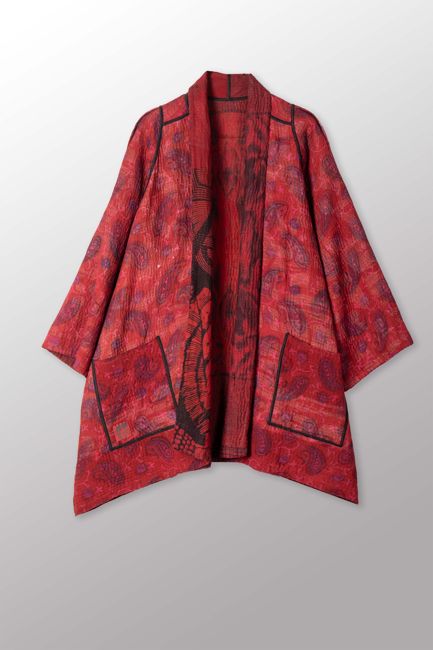 VINTAGE SILK GEORGETTE COTTON KANTHA A-LINE JACKET - gc4003-0001a -
