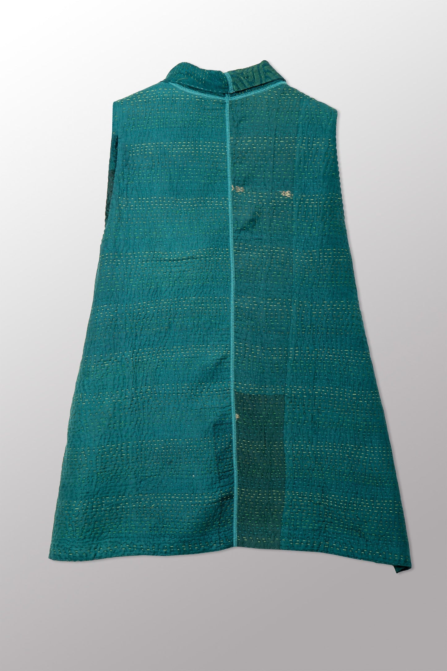 GEORGETTE JACQUARD VINTAGE SILK PATCH KANTHA KIMONO VEST SHORT - gj4248-grn -