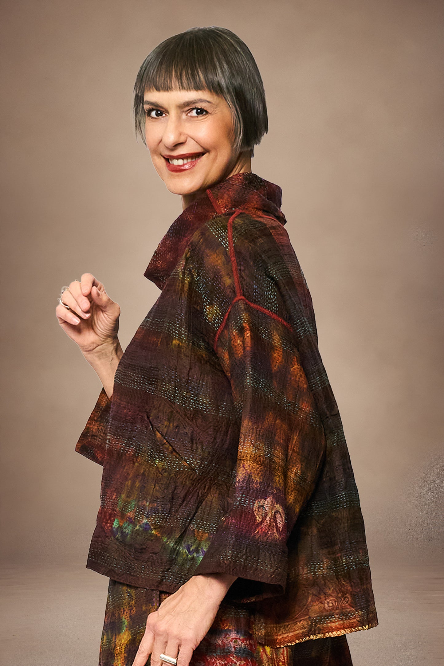 TIE DYE VINTAGE SILK KANTHA COWL PULLOVER - st-sv2547-brn -