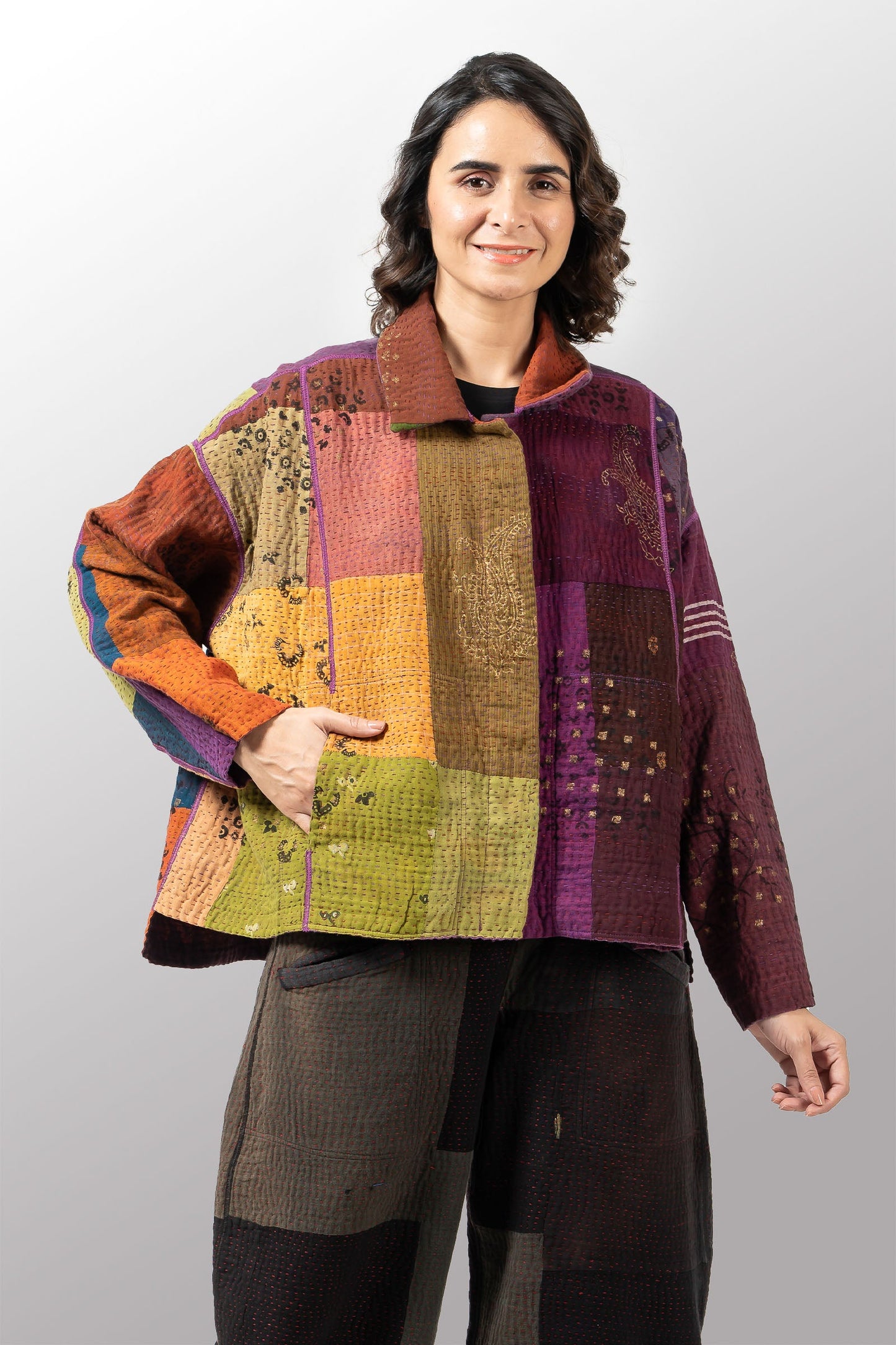 OMBRE PATCHED GOLD STAMP KANTHA CROPPED SHIRT JACKET - og4075-mlt -