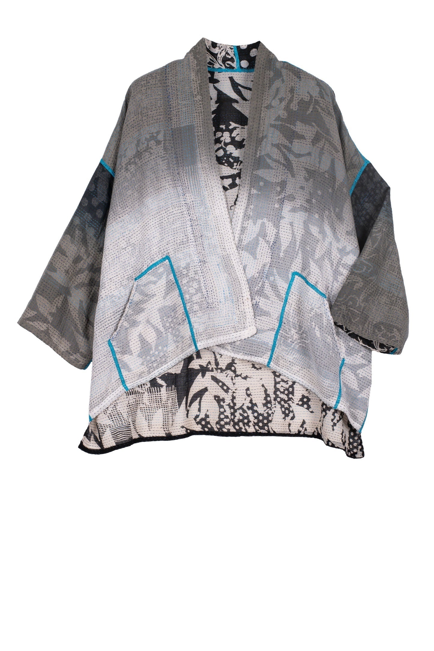 MONOTONE TWILIGHT PRINT KANTHA MINI KIMONO JKT - tp2055-blk -