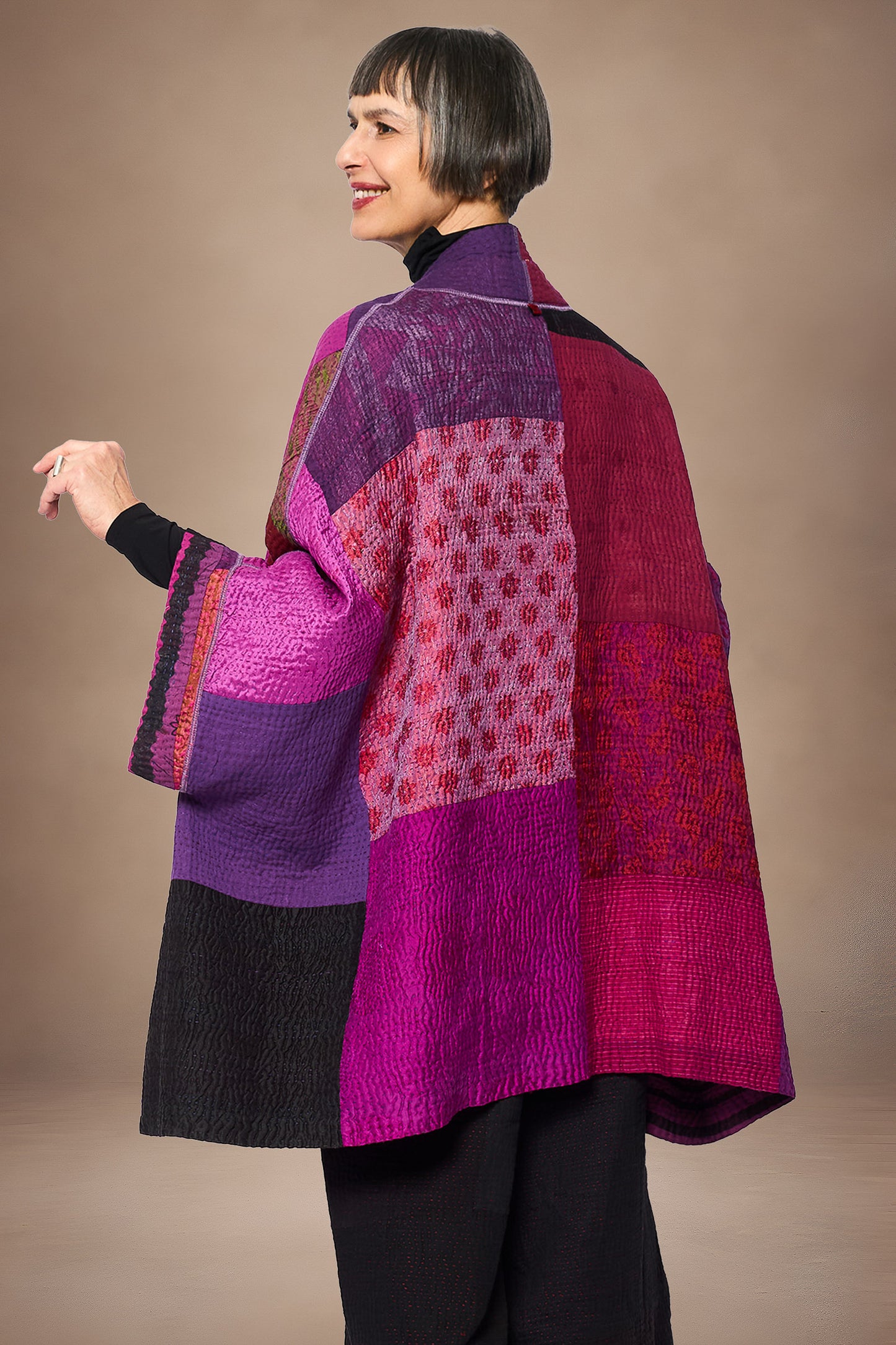 AMETHYST COTTON SILK KANTHA DOUBLE COLLAR PONCHO - oc4323-prp -