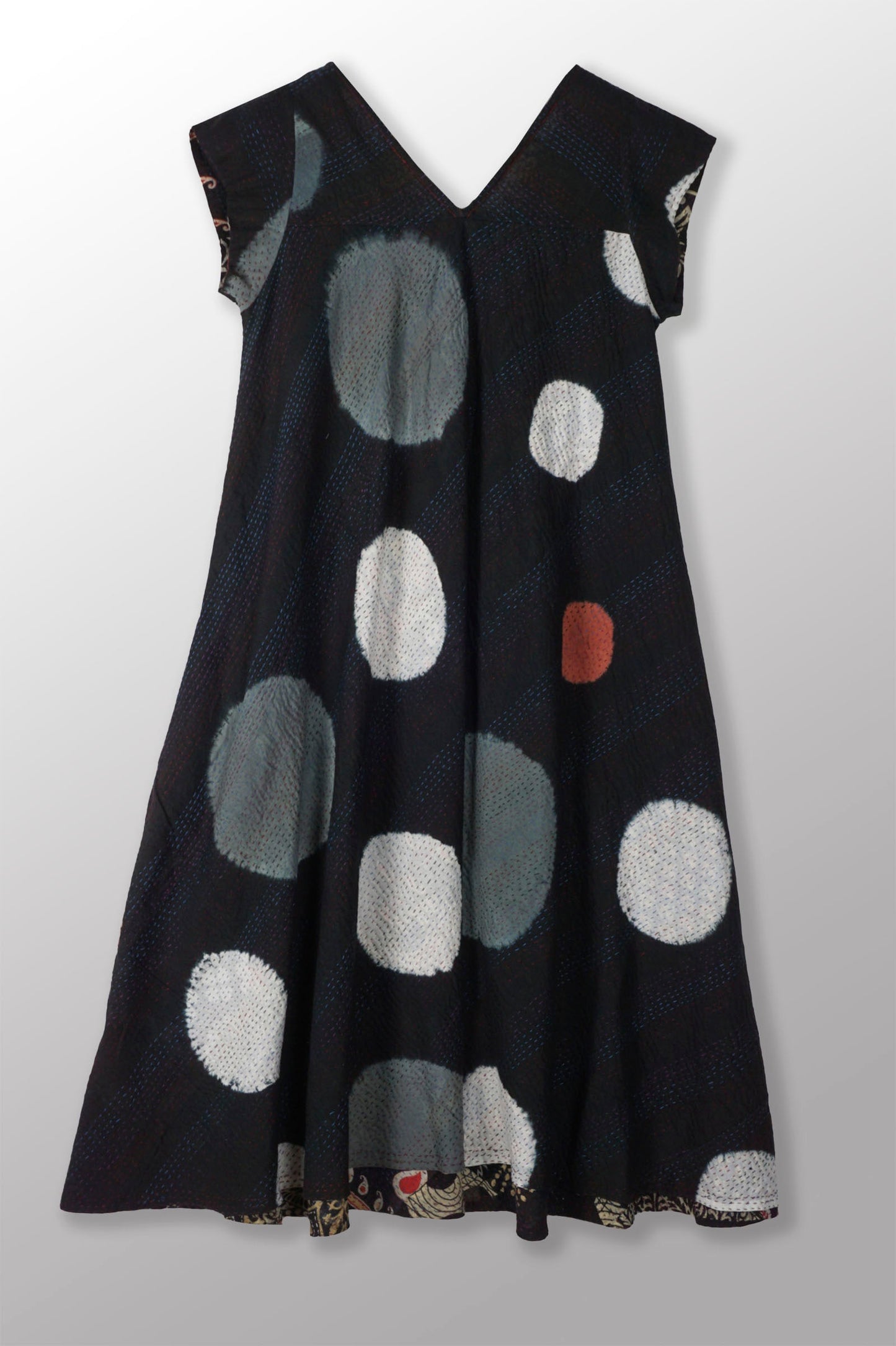 PATCH & CIRCLE PRINT KANTHA CAP SLV. FLARE DRESS - pc2425-blk -