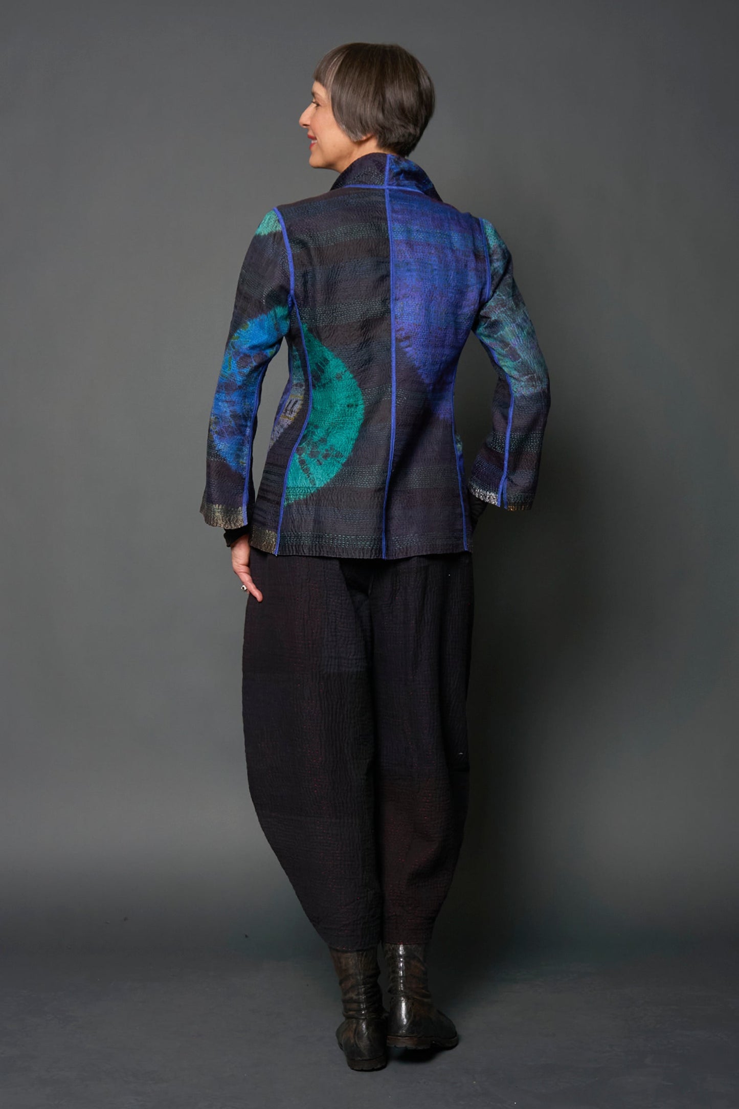 TIE DYE CIRCLE SHIBORI KANTHA SHORT JACKET - td2007-blu -