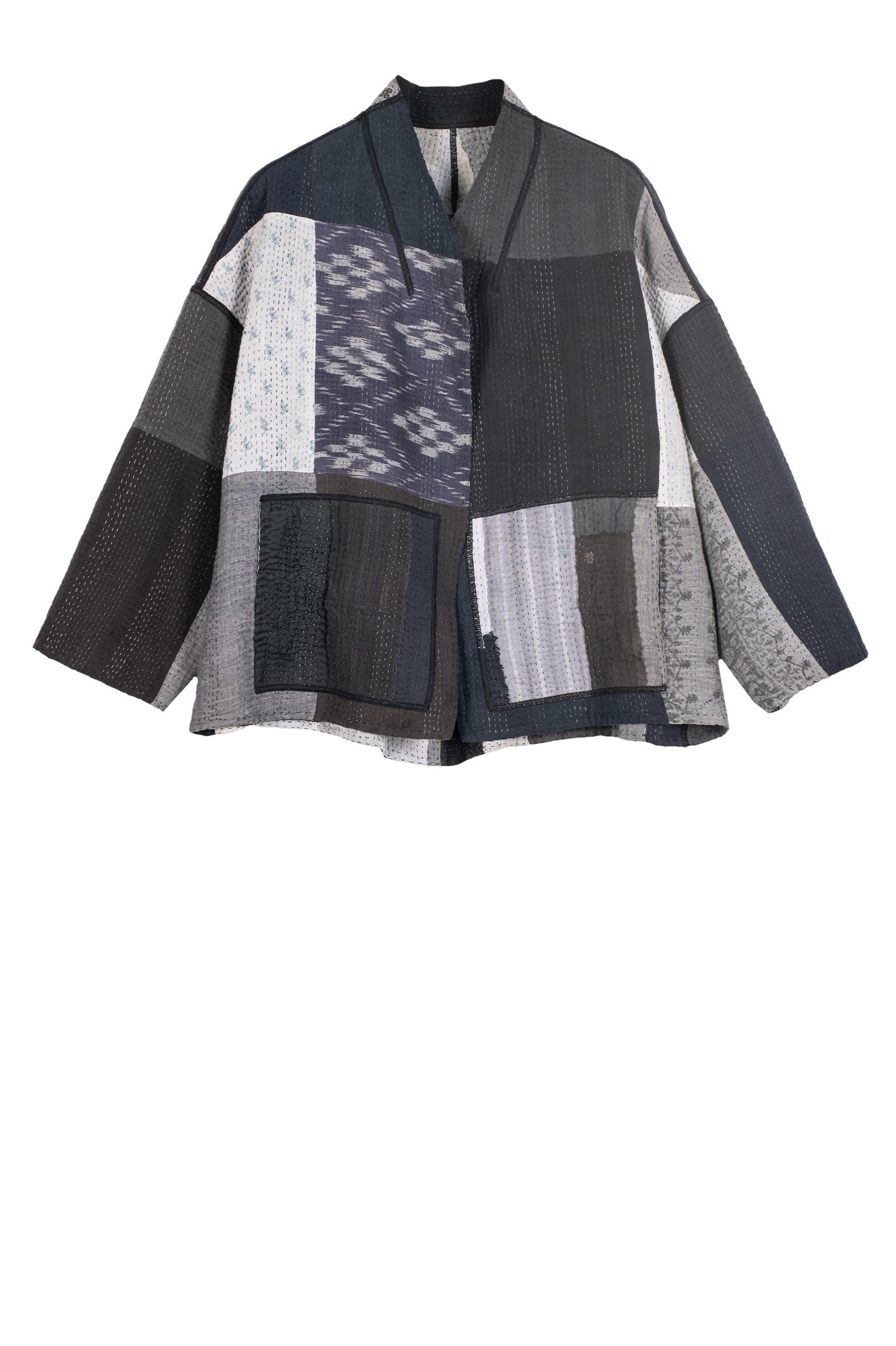 STRIPE AND CHECK COTTON SILK PATCH KANTHA STAND COLLAR CROPPED JACKET - ss4034-blk -