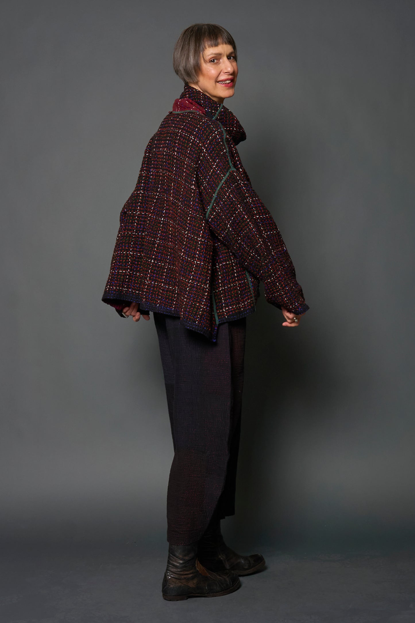 WOOL WAFFLE KANTHA NEW COWL NECK PONCHO - ww3083-red -