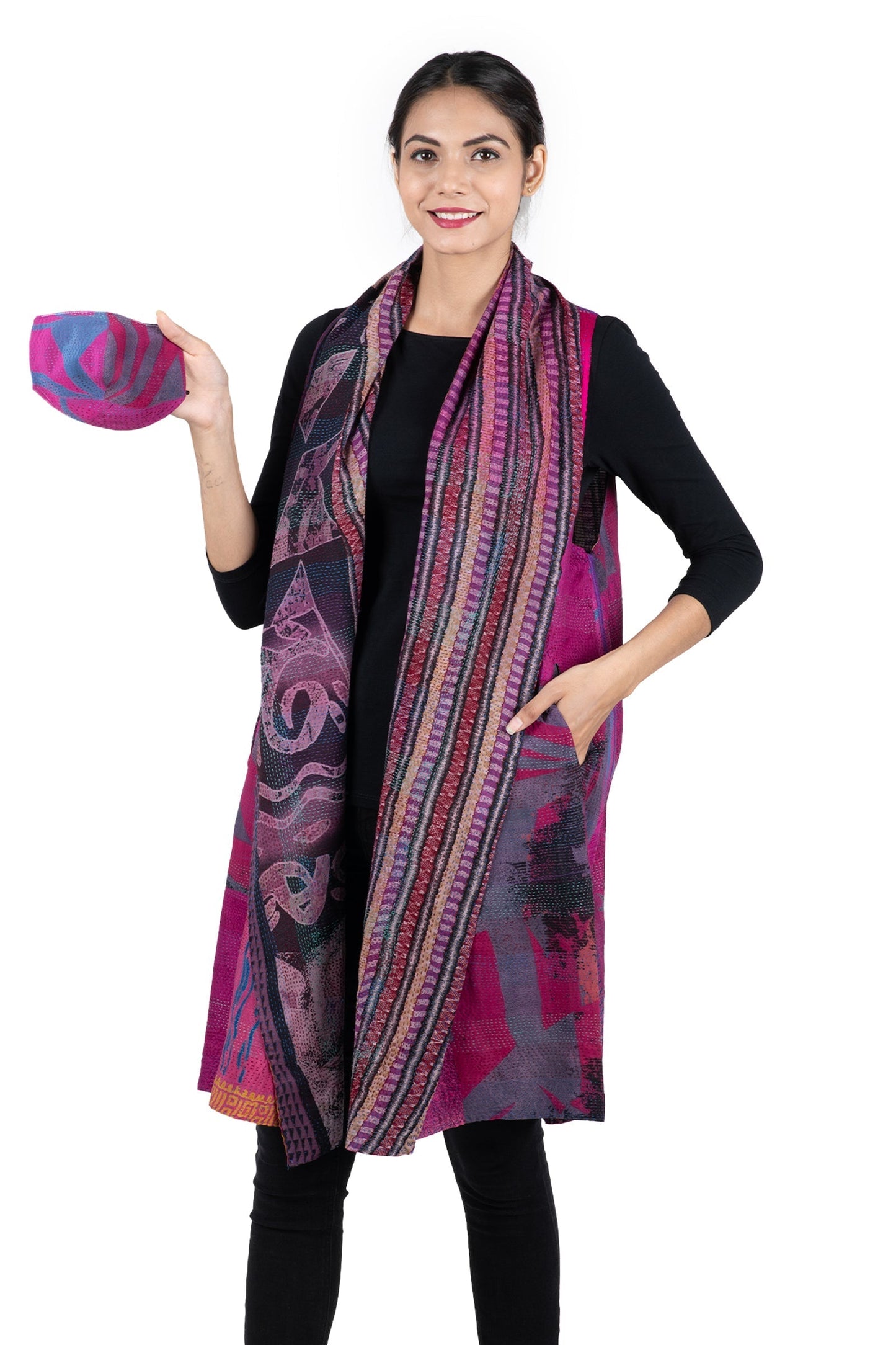 GEORGETTE VINTAGE SILK PATCH KANTHA SHAWL COLLAR VEST - gs2235-pik -