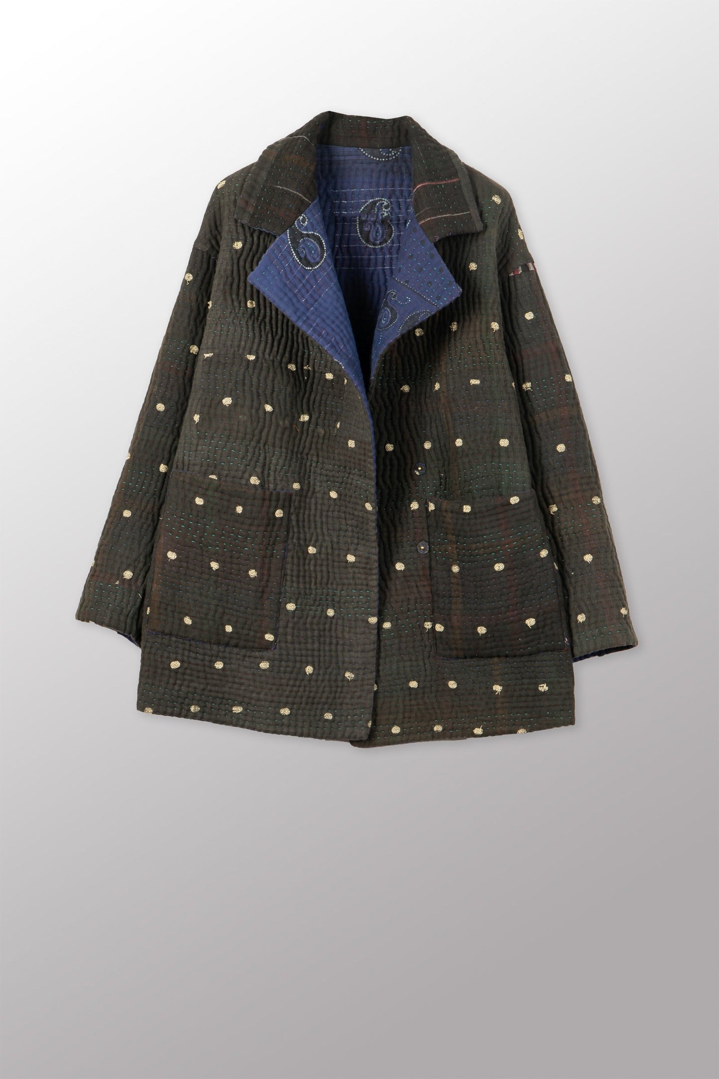 QUILTED OVERDYE COTTON KANTHA LAPELED MEDIUM JKT - oq5080-cblu001m -