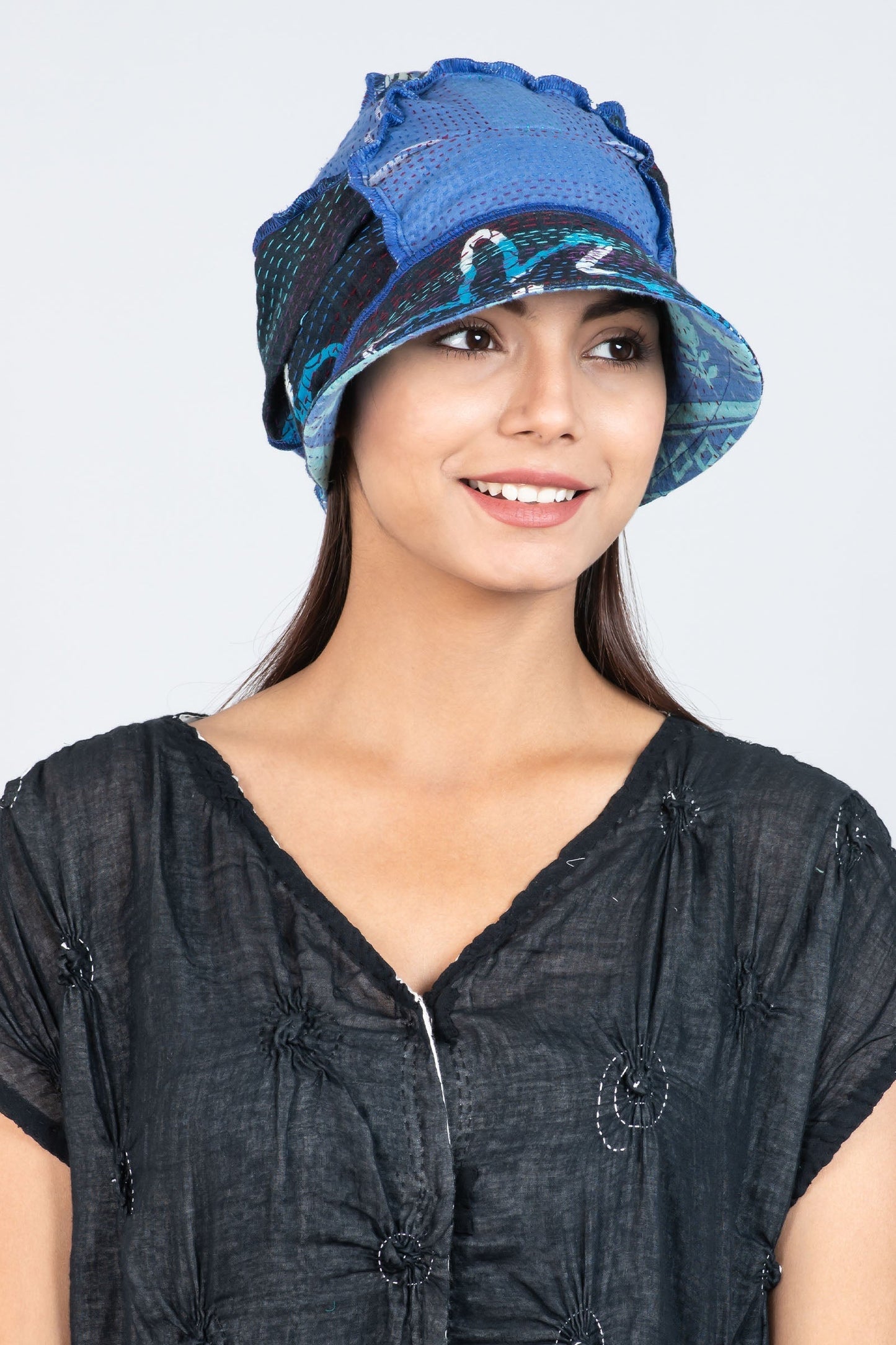 VINTAGE COTTON KANTHA HALF BRIM HAT - cv2881-blu -