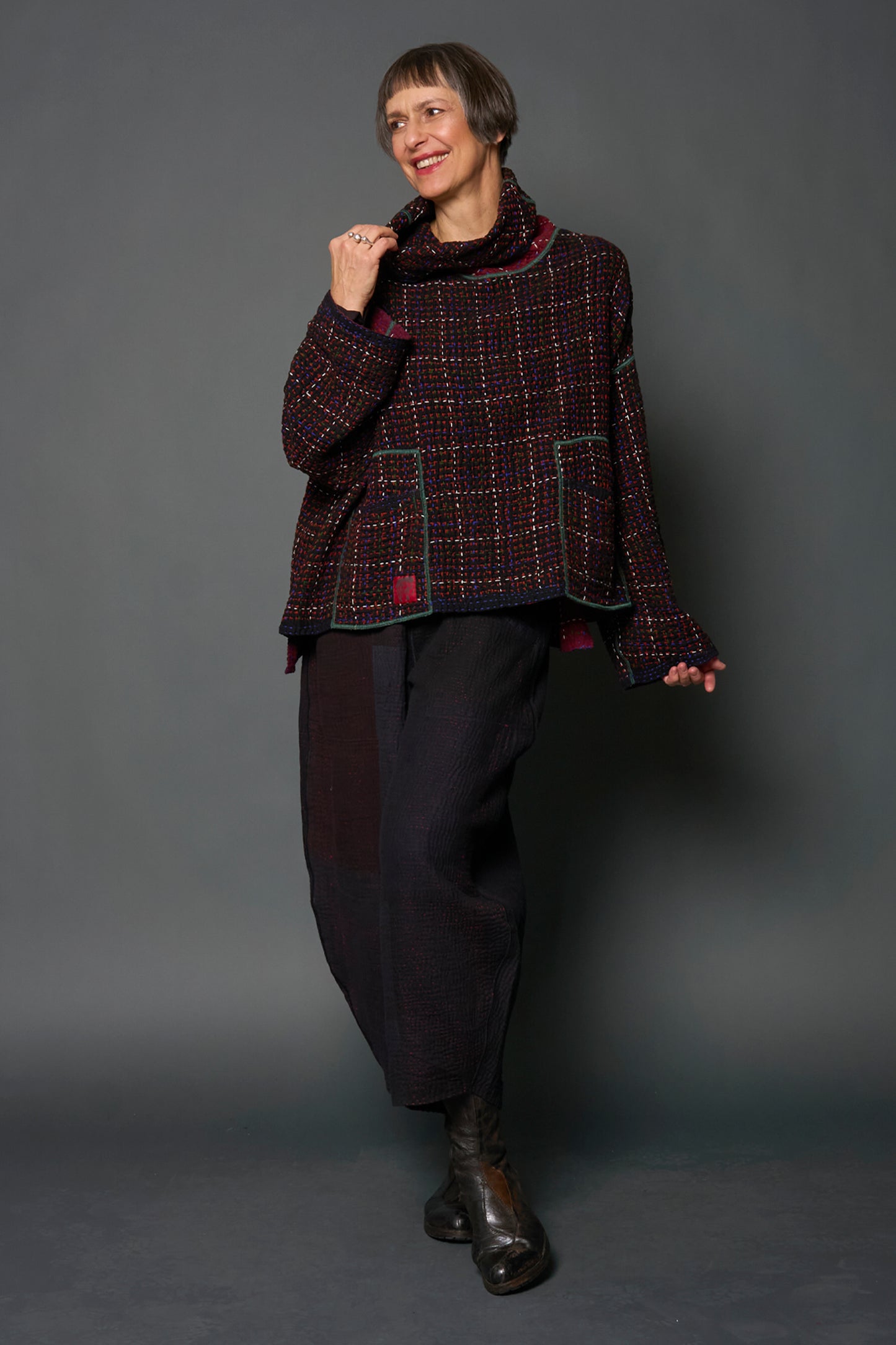 WOOL WAFFLE KANTHA NEW COWL NECK PONCHO - ww3083-red -