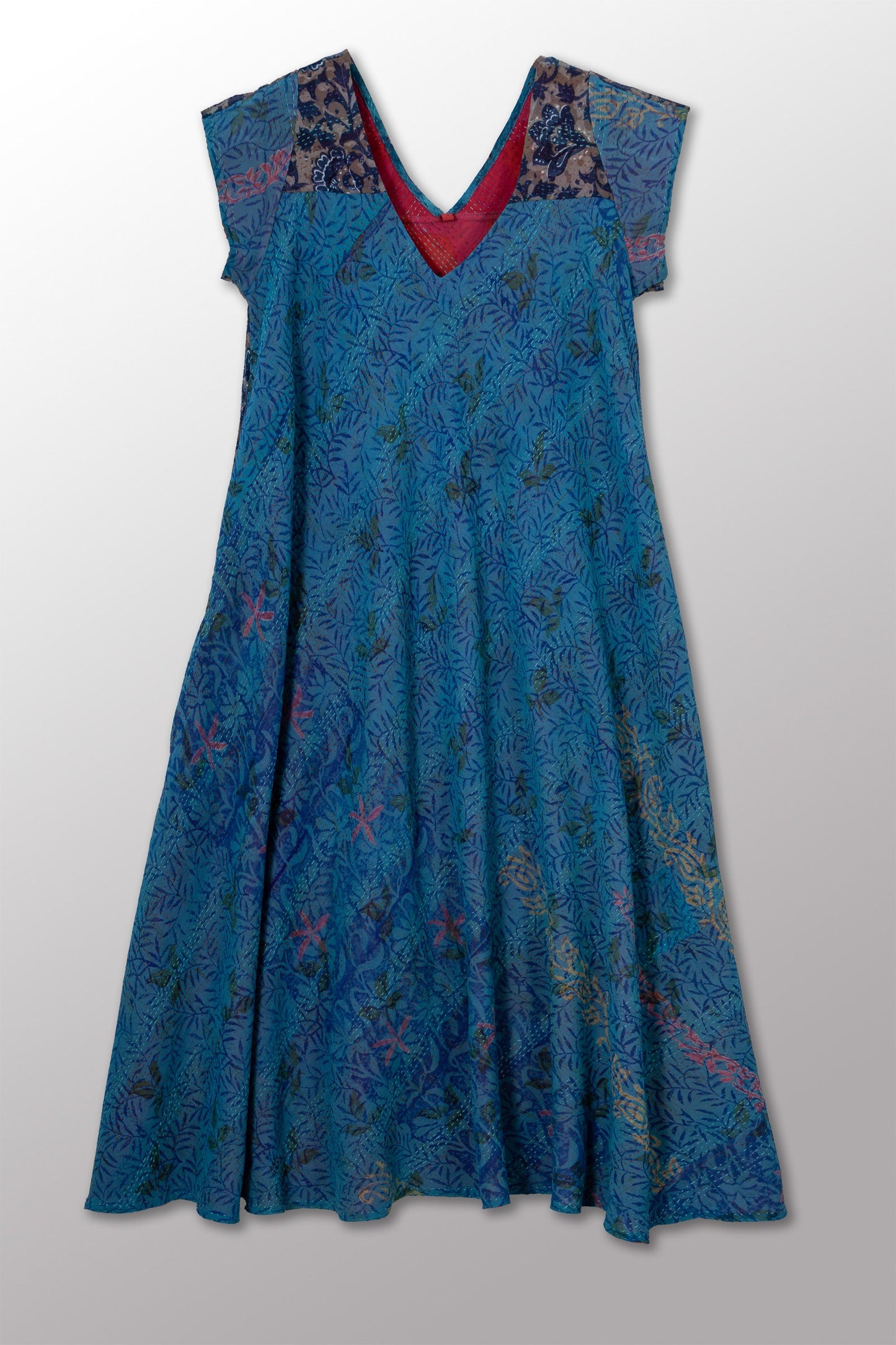 VINTAGE SILK GEORGETTE COTTON KANTHA CAP SLV. FLARE DRESS - gc2425-0004s -