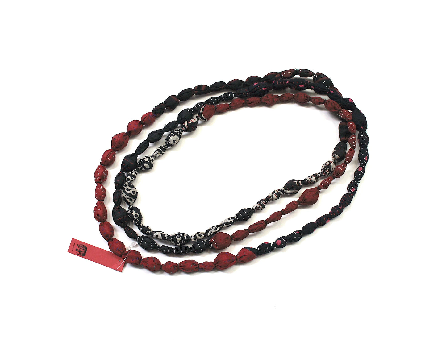 VINTAGE SILK KANTHA TIE-BEADS LONG NECKLACE - sv2707-tan -