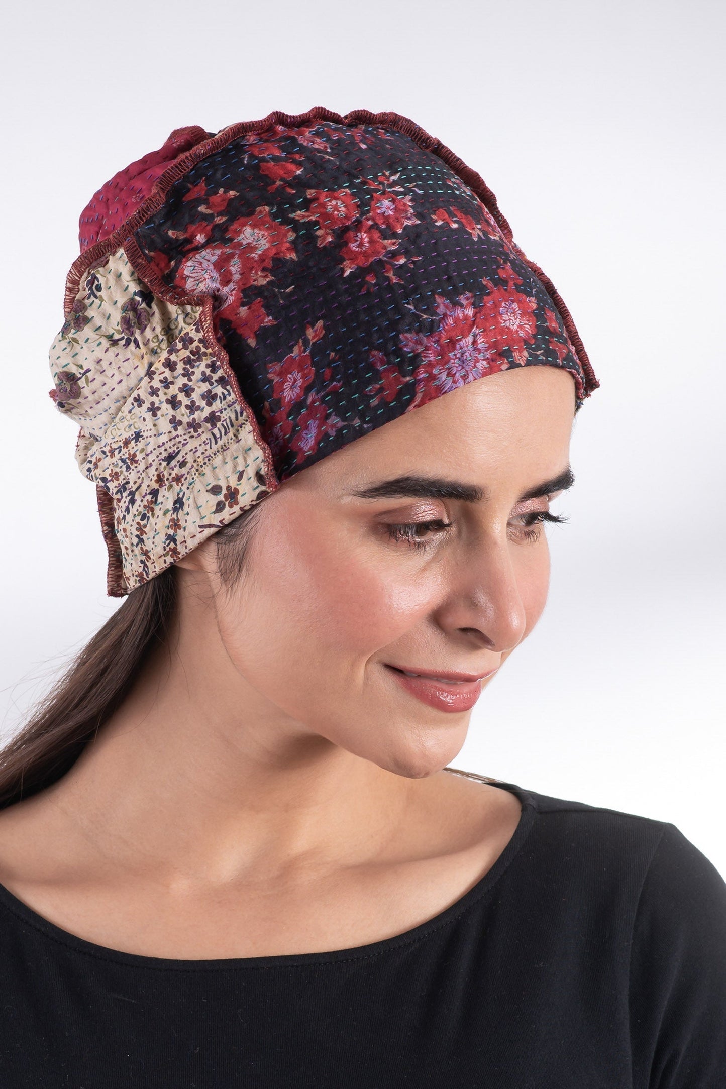 VINTAGE SILK KANTHA PATCHWORK HAT - sv2880-red -