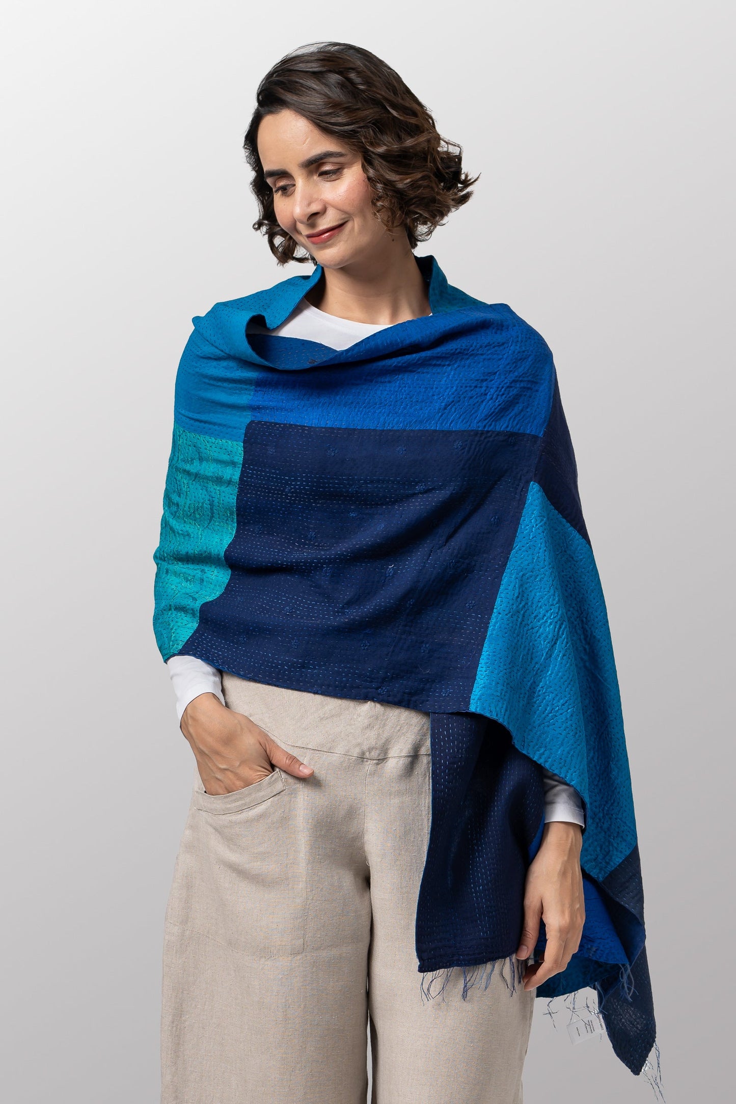 COTTON SILK SW PATCH OMBRE KANTHA SCARF STANDARD - wo2801-blu -