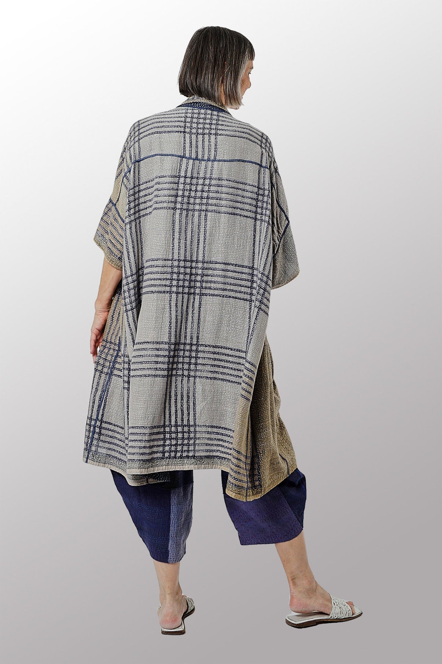 INDONESIAN PRINT VINTAGE INDIGO BACKING KANTHA WIDE SHIRT DRESS - bi2448-blu -