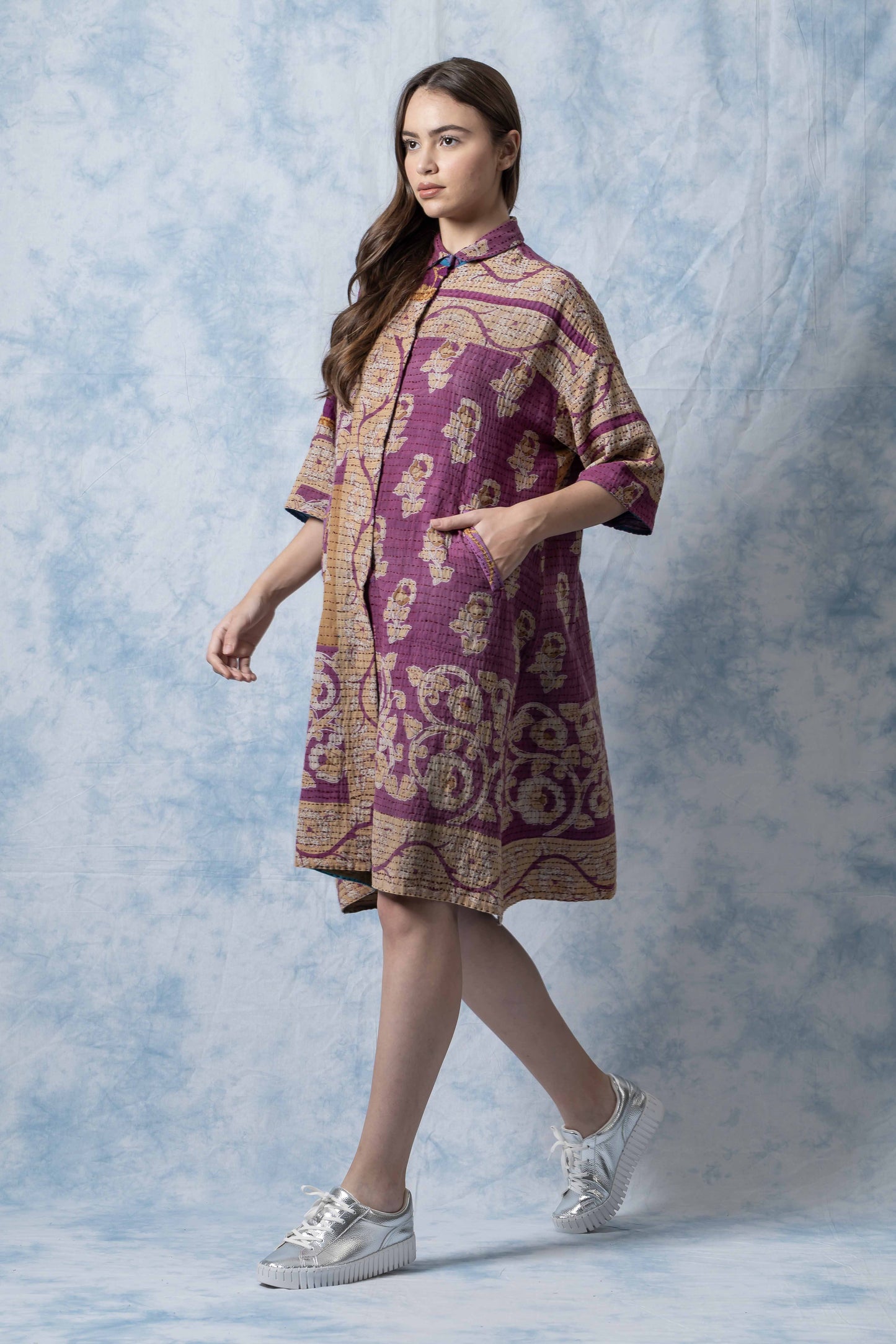 VINTAGE COTTON BBK KANTHA 3/4 SLV. SHIRT DRESS - bl-bb2459-0001s -