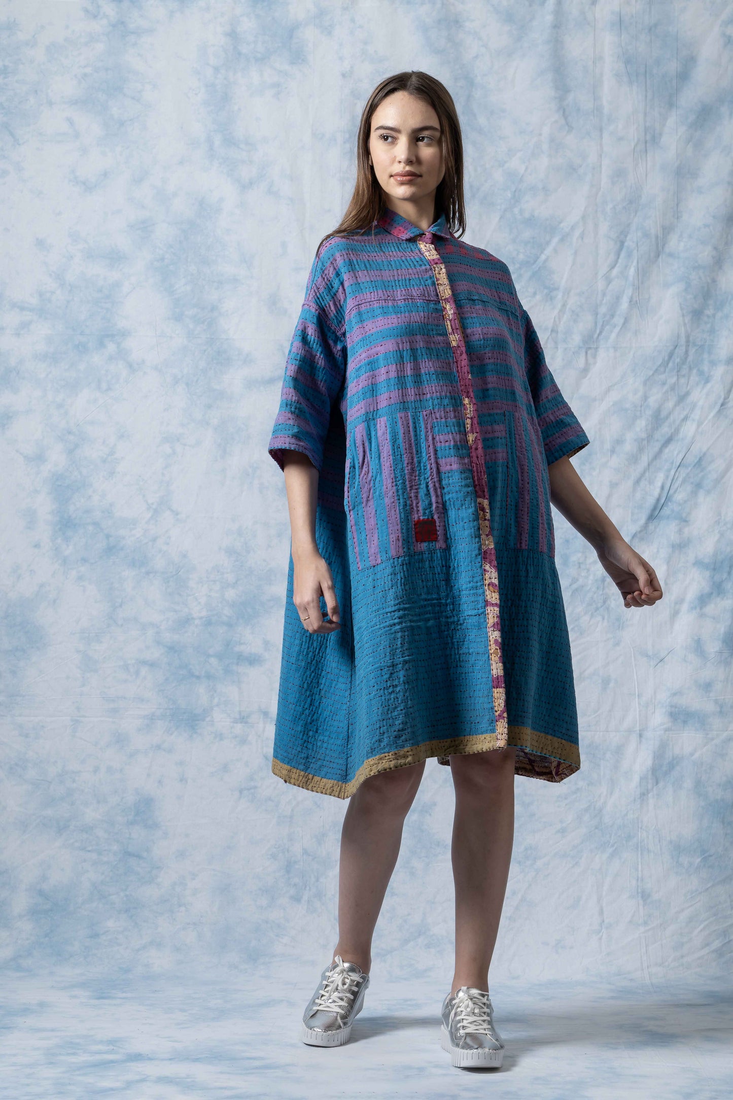 VINTAGE COTTON BBK KANTHA 3/4 SLV. SHIRT DRESS - bl-bb2459-0001s -