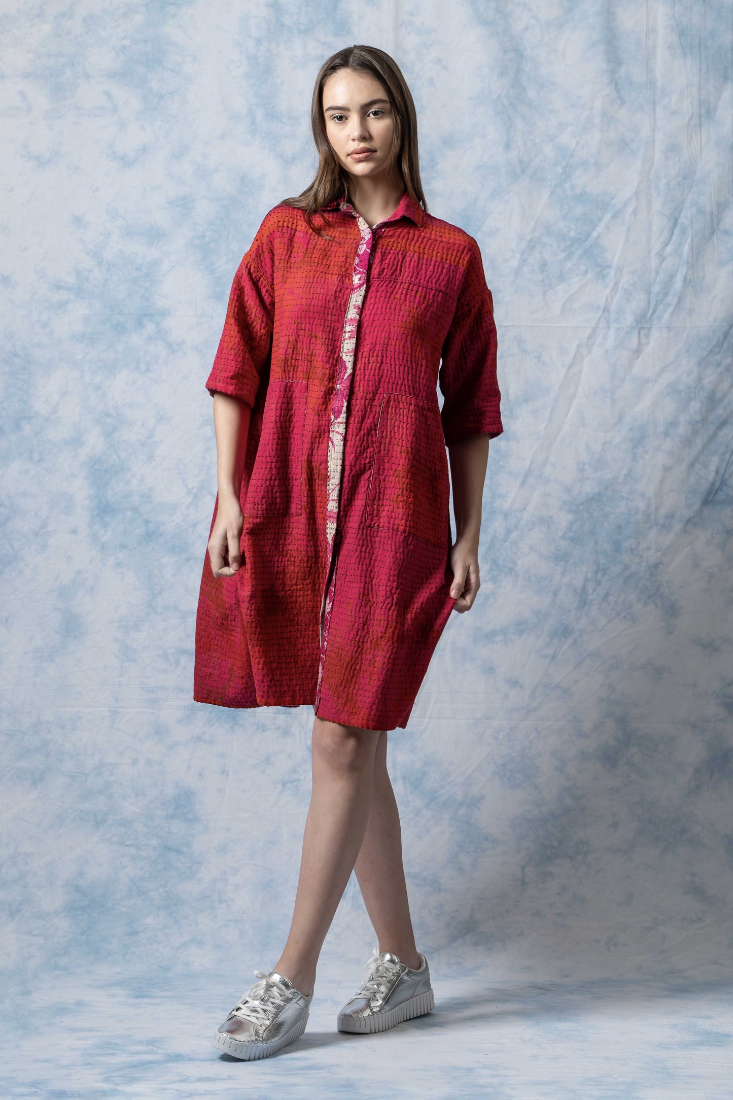 VINTAGE COTTON BBK KANTHA 3/4 SLV. SHIRT DRESS - bl-bb2459-0002m -