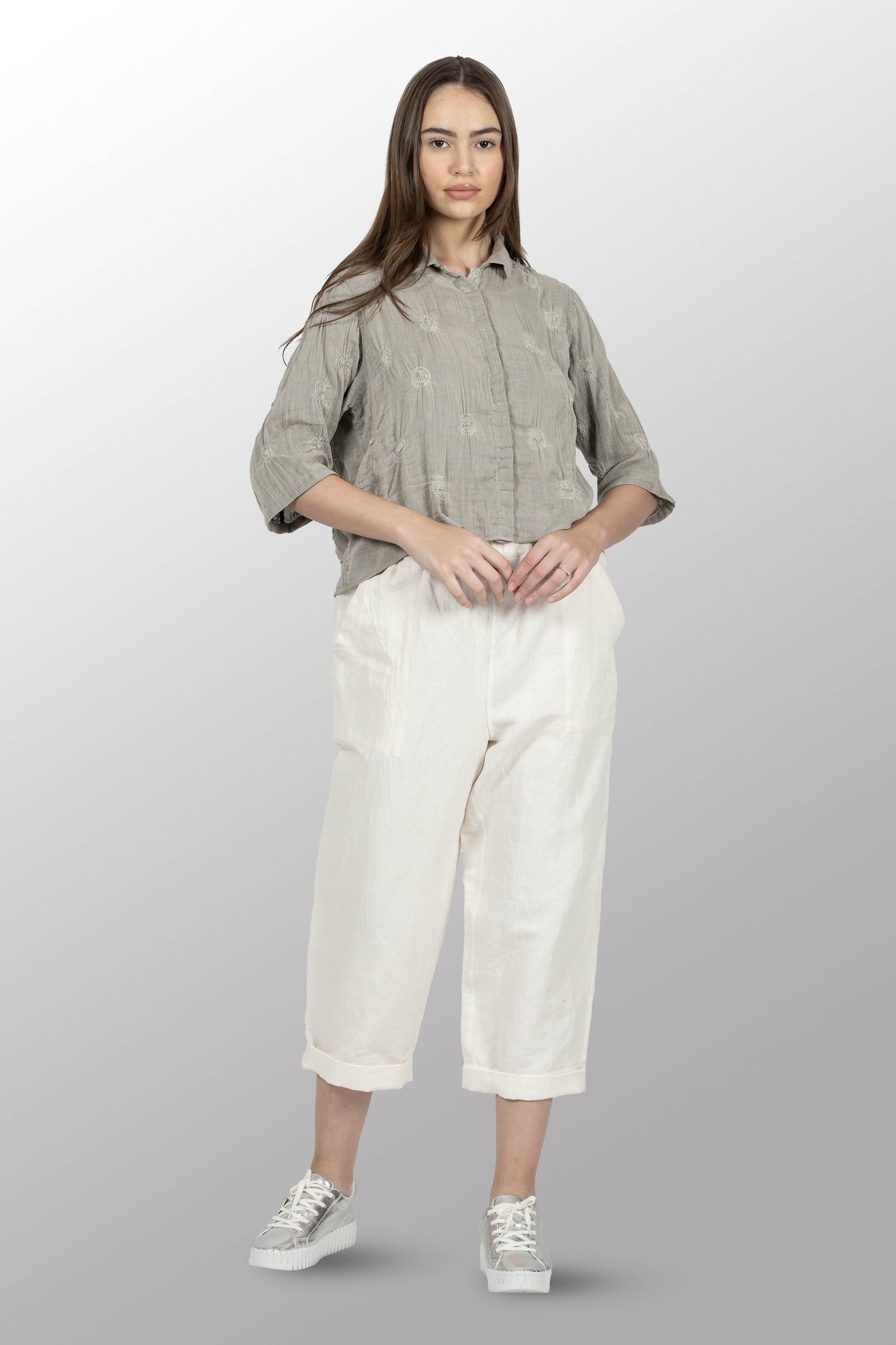 GAUZE SHIBORI GARMENT KANTHA CLOPPED SHIRT - bl-gg2590-gry -