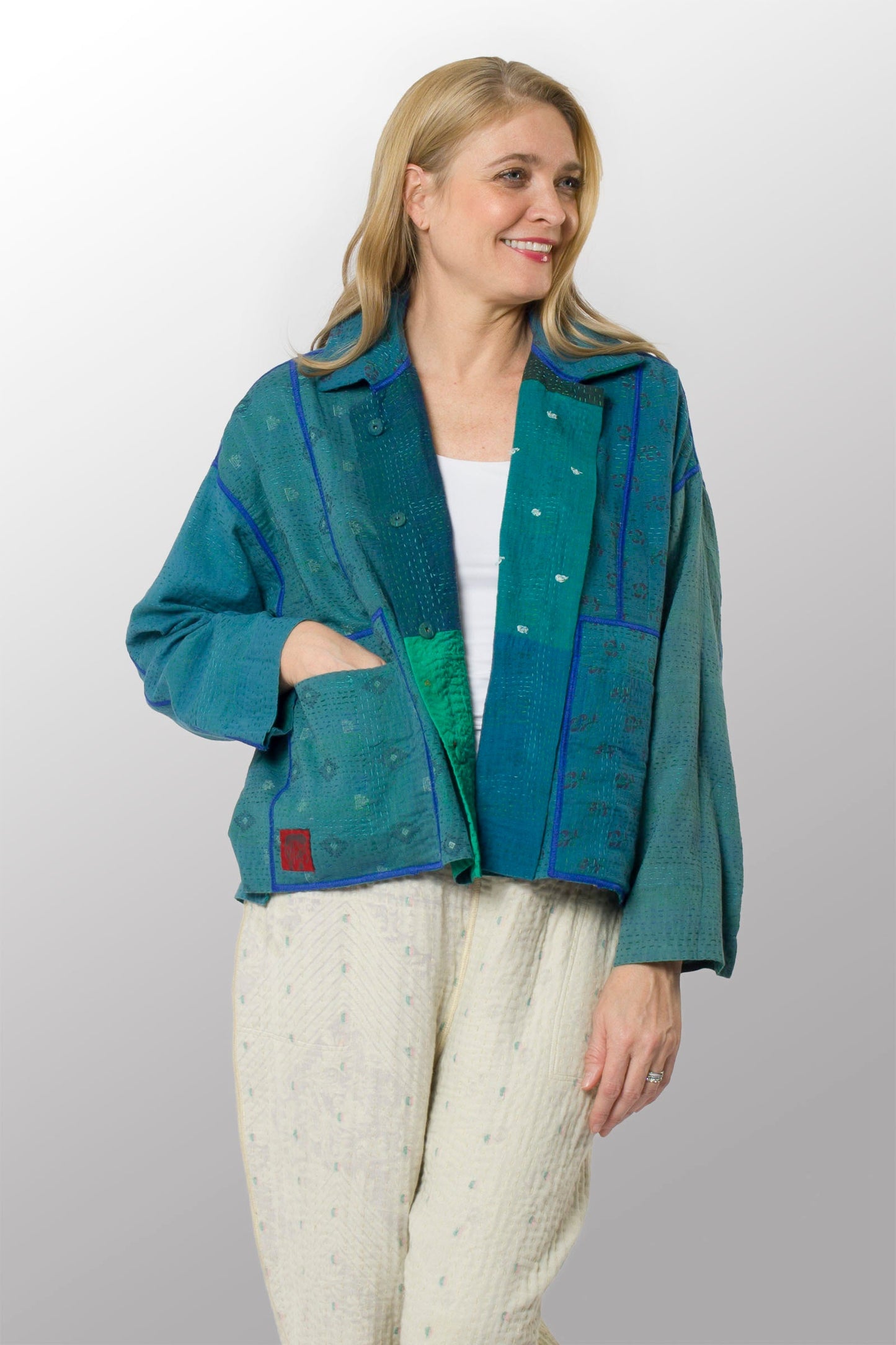 COTTON SILK SW PATCH KANTHA CROPPED SHIRT JACKET - ws2075-tel -