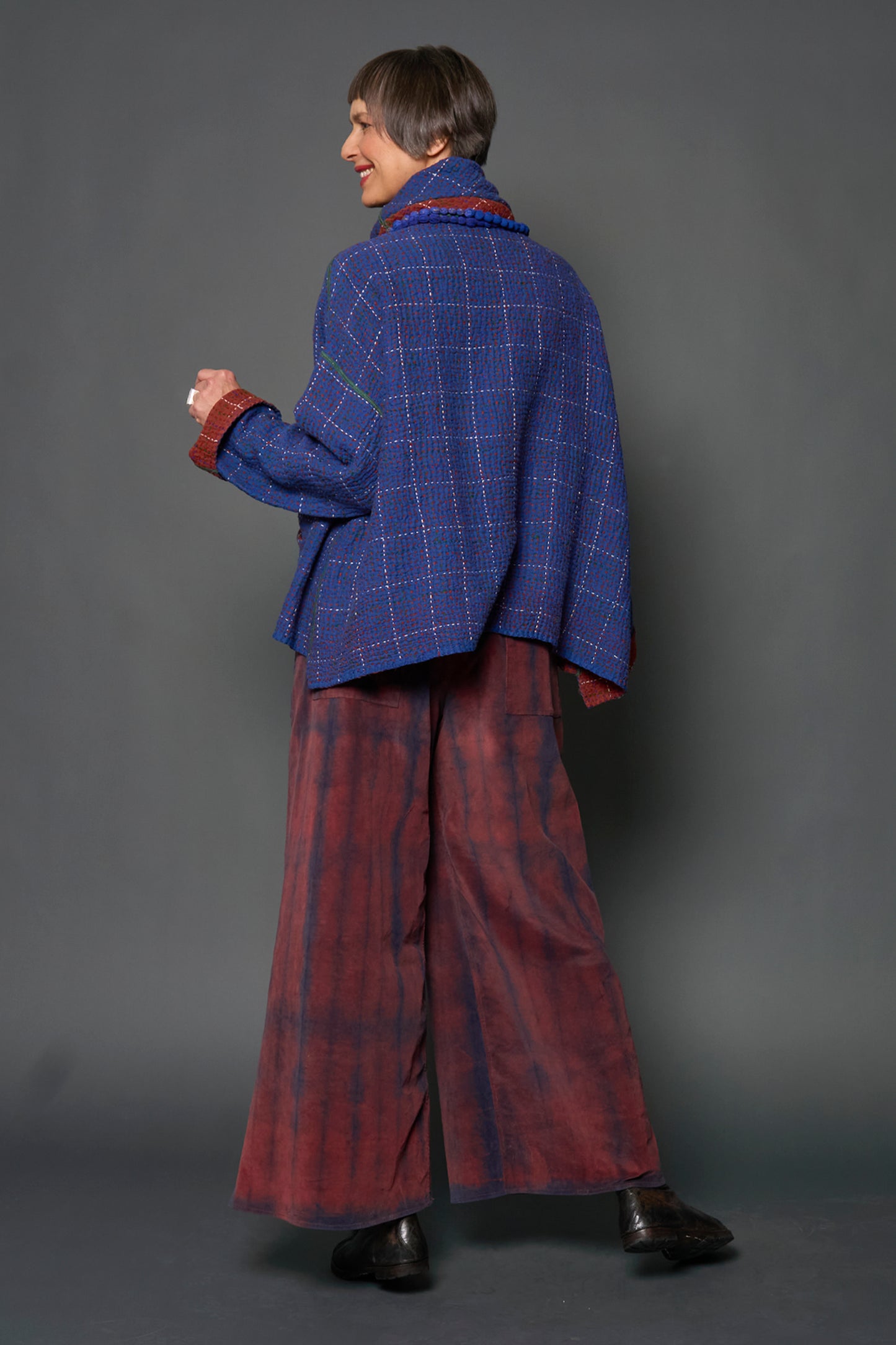 WOOL WAFFLE KANTHA NEW COWL NECK PONCHO - ww3083-blu -