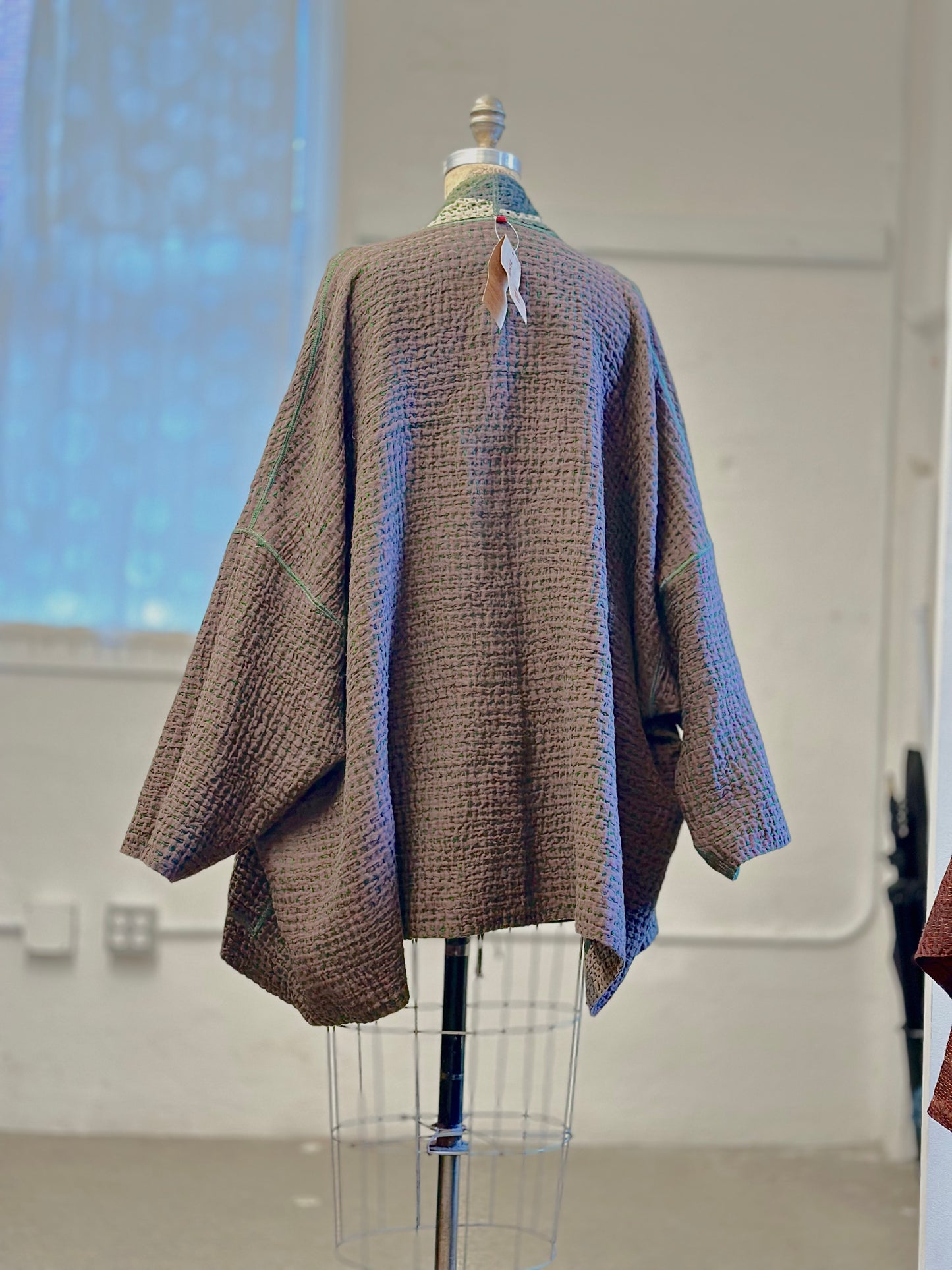 ABSTRACT WAFFLE KANTHA KIMONO WRAP SHORT - bw3358-grn -