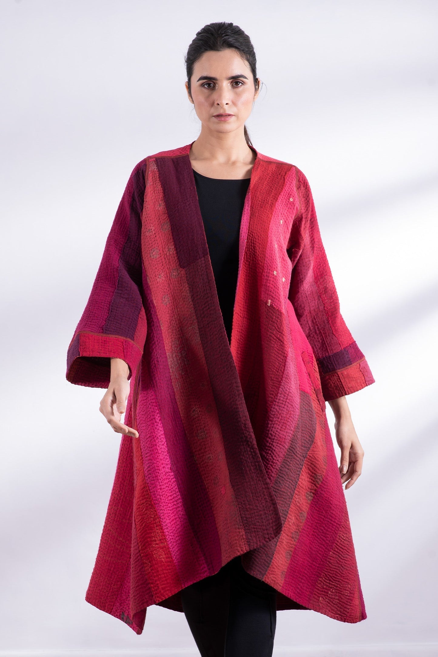 STRIPE AND CHECK COTTON SILK PATCH KANTHA WRAP FLARE COAT - ss4330-red -