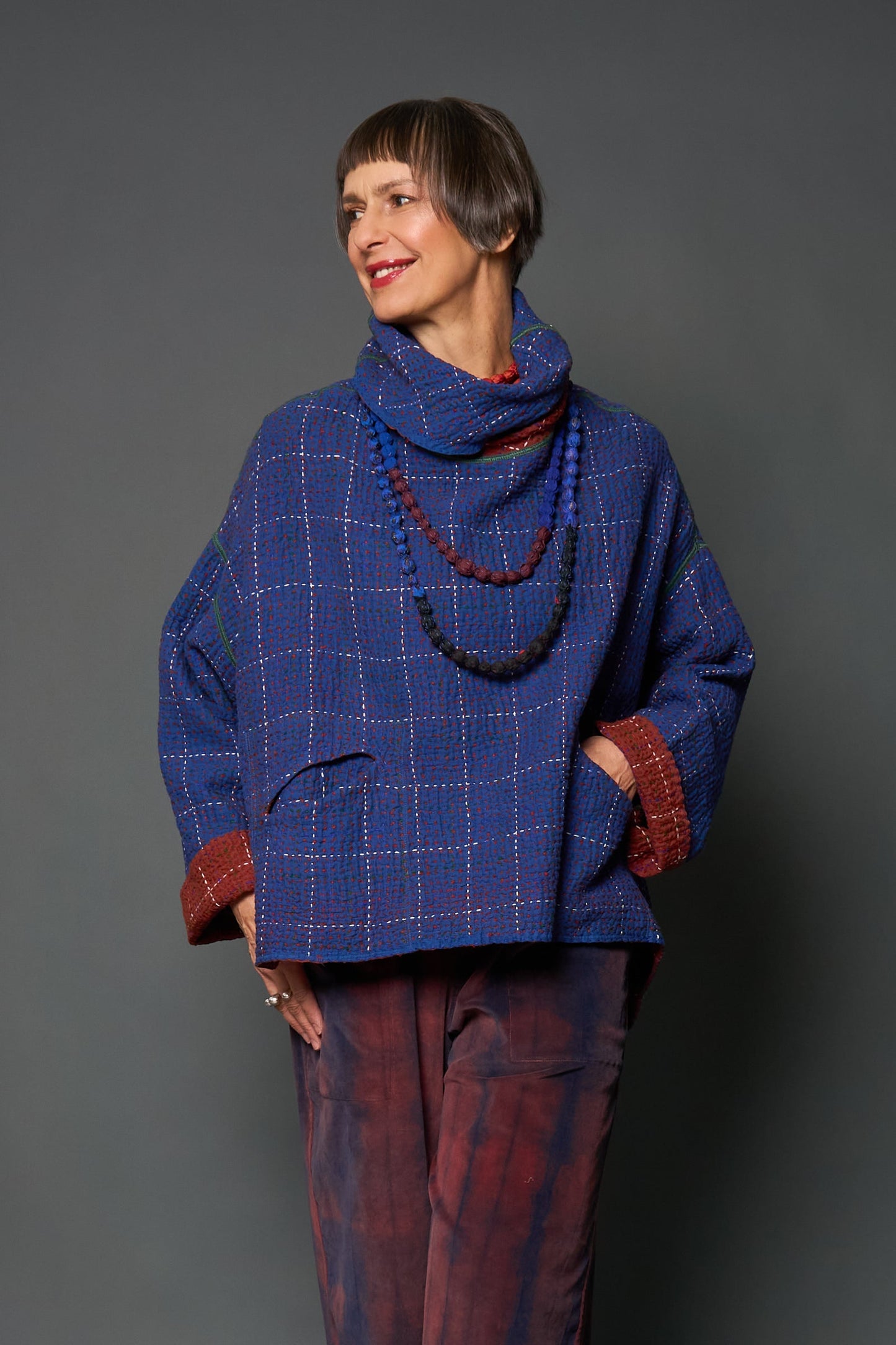 WOOL WAFFLE KANTHA RELAXED SHIRT JACKET - ww3j105-blu -